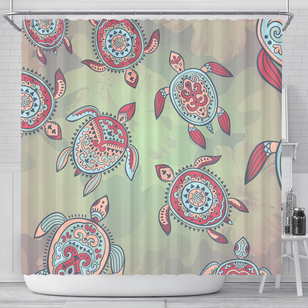Hawaii Shower Curtain Turtle Colorful Hibiscus Background