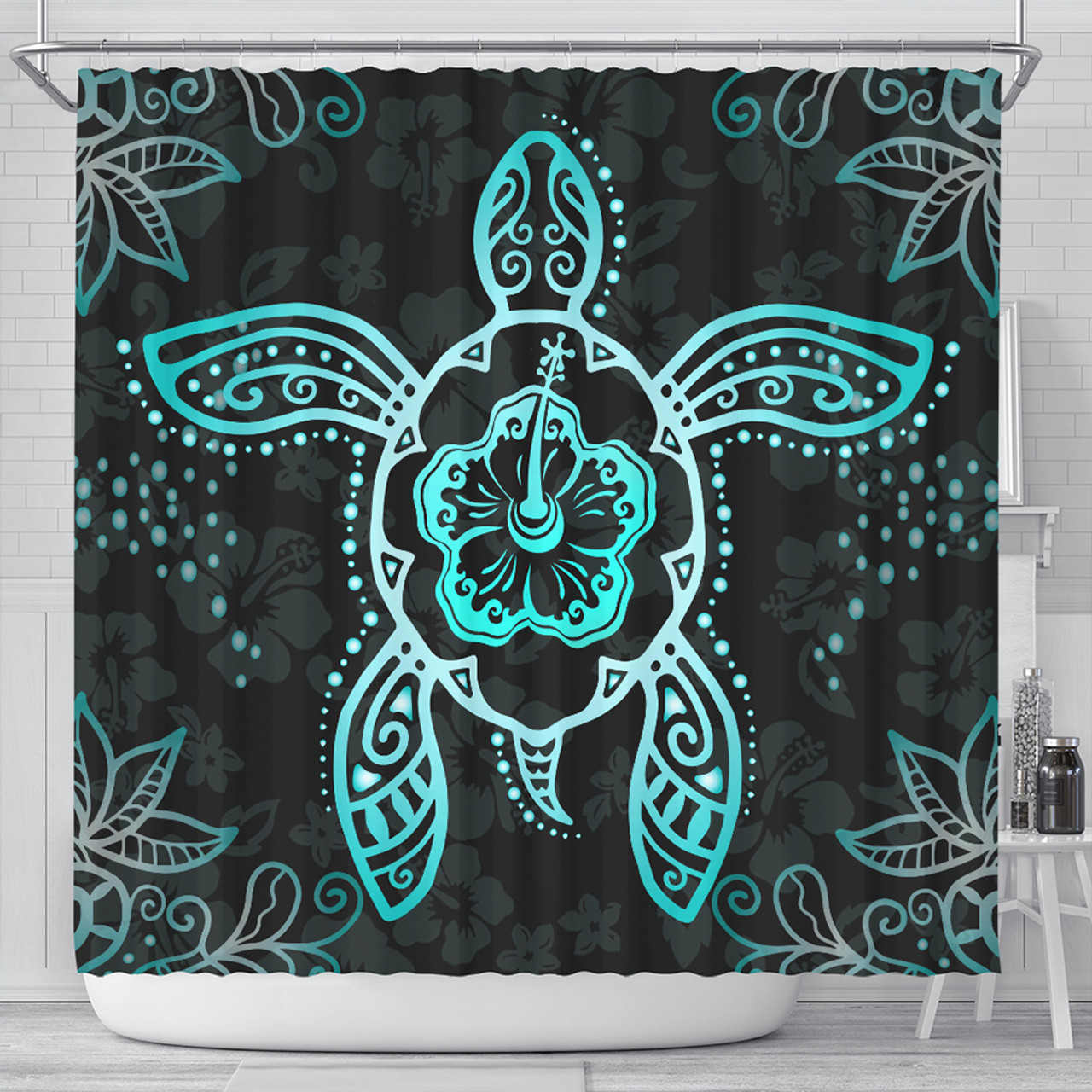 Hawaii Shower Curtain Turtle Hibiscus Blue