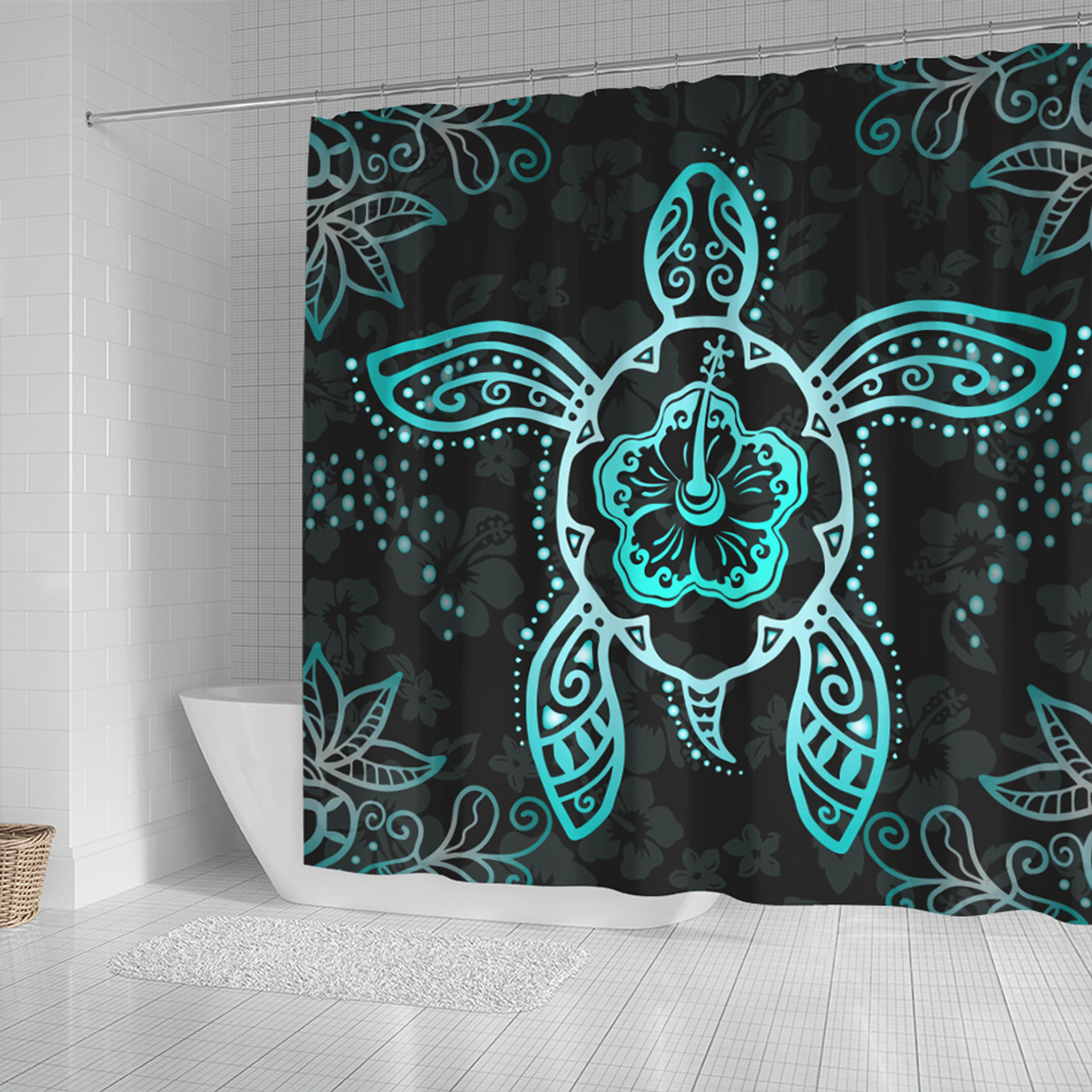 Hawaii Shower Curtain Turtle Hibiscus Blue