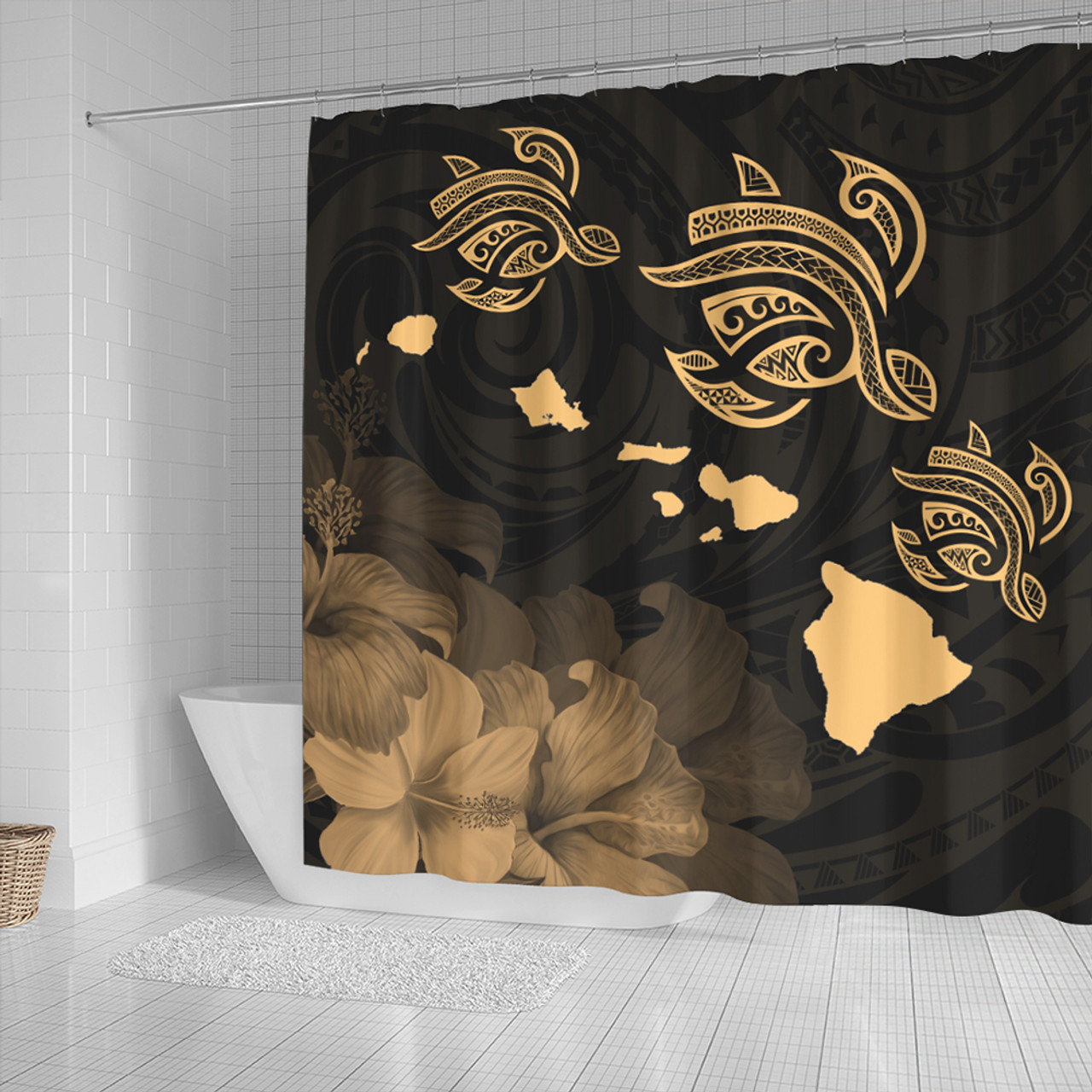 Hawaii Shower Curtain Turtle Hibiscus Map Polynesian Family Gold