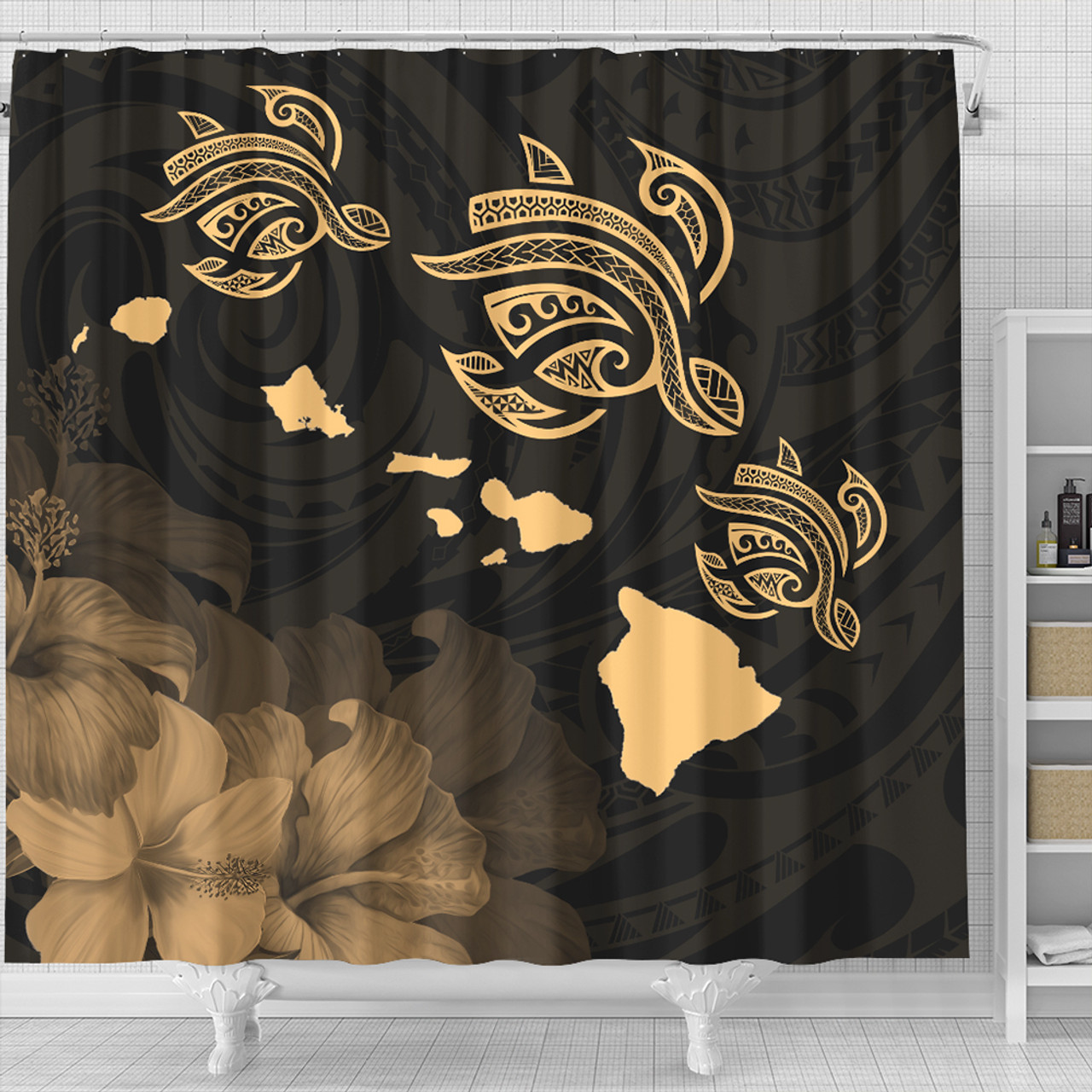 Hawaii Shower Curtain Turtle Hibiscus Map Polynesian Family Gold