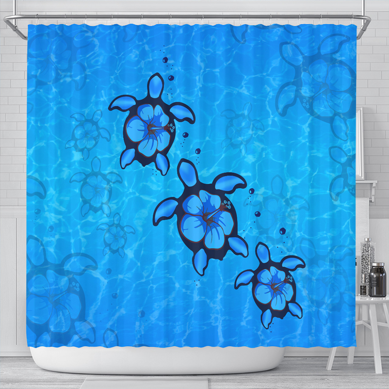 Hawaii Shower Curtain Turtle Hibiscus Swim In Sea