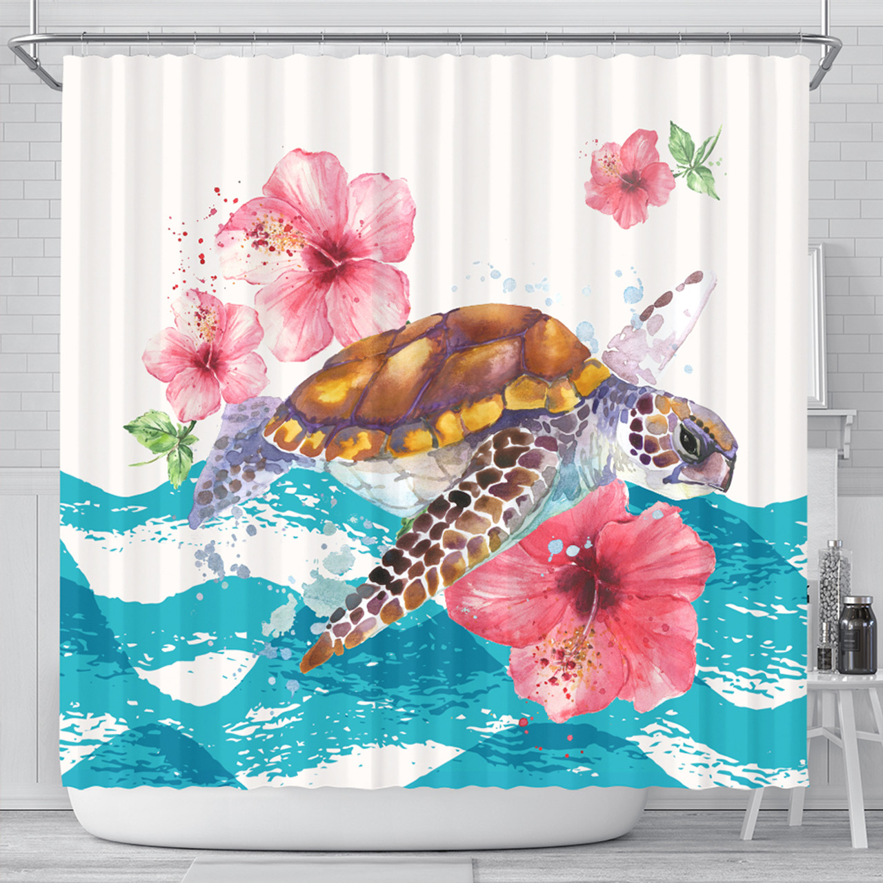 Hawaii Shower Curtain Turtle Hibiscus Waves Polynesian