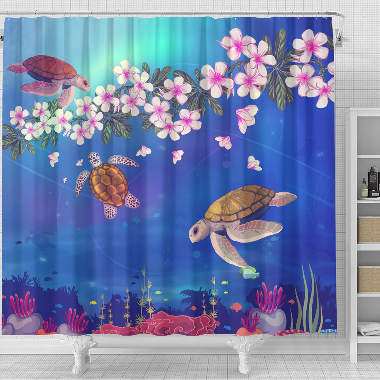 Hawaii Shower Curtain Turtle Plumeria Ocean