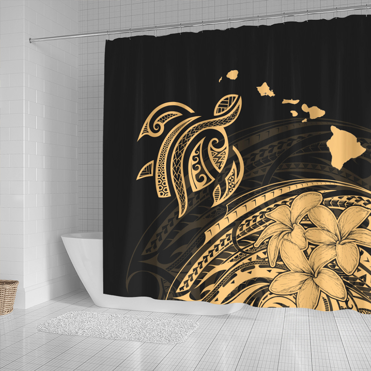 Hawaii Shower Curtain Turtle Polynesian Map Plumeria Gold