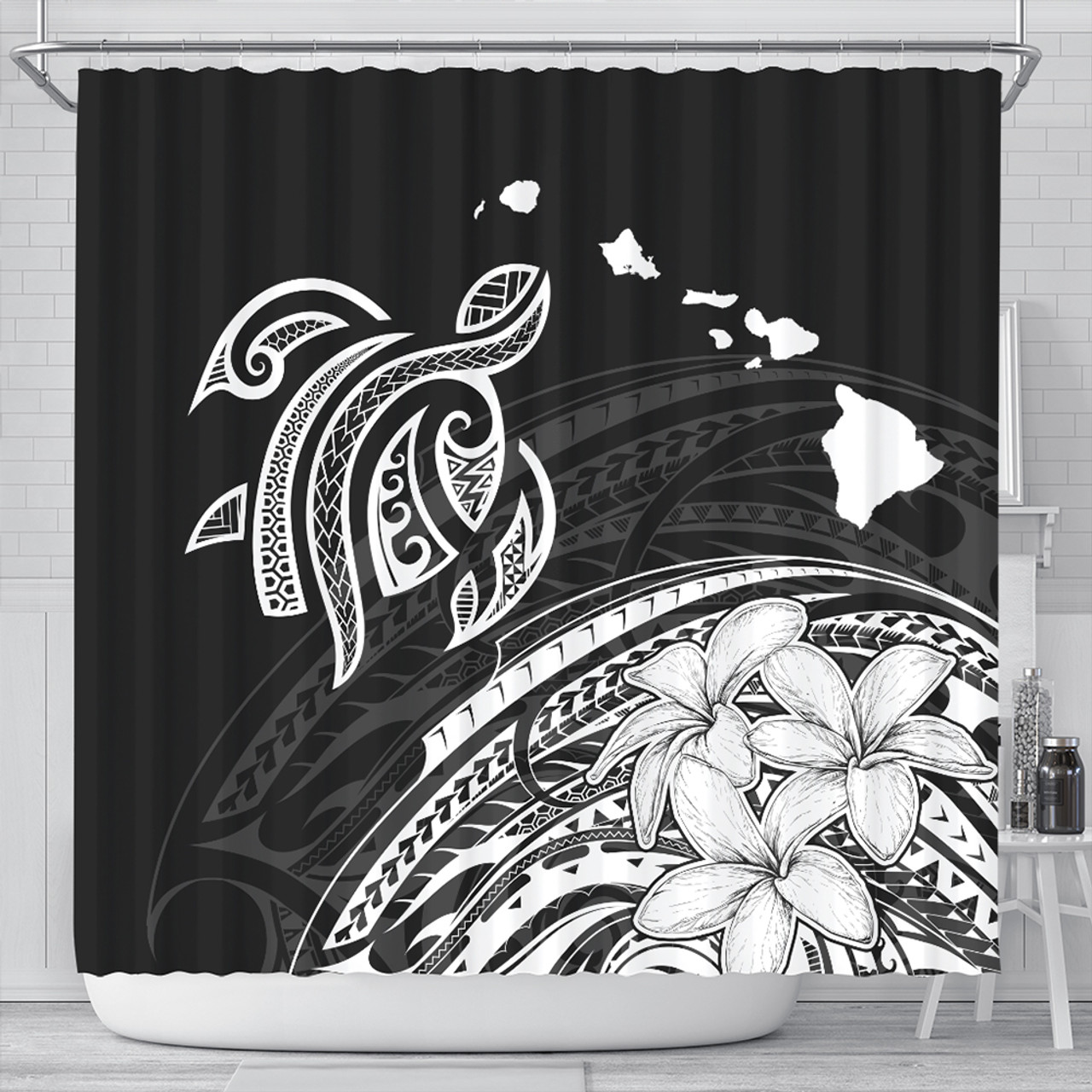 Hawaii Shower Curtain Turtle Polynesian Map Plumeria White