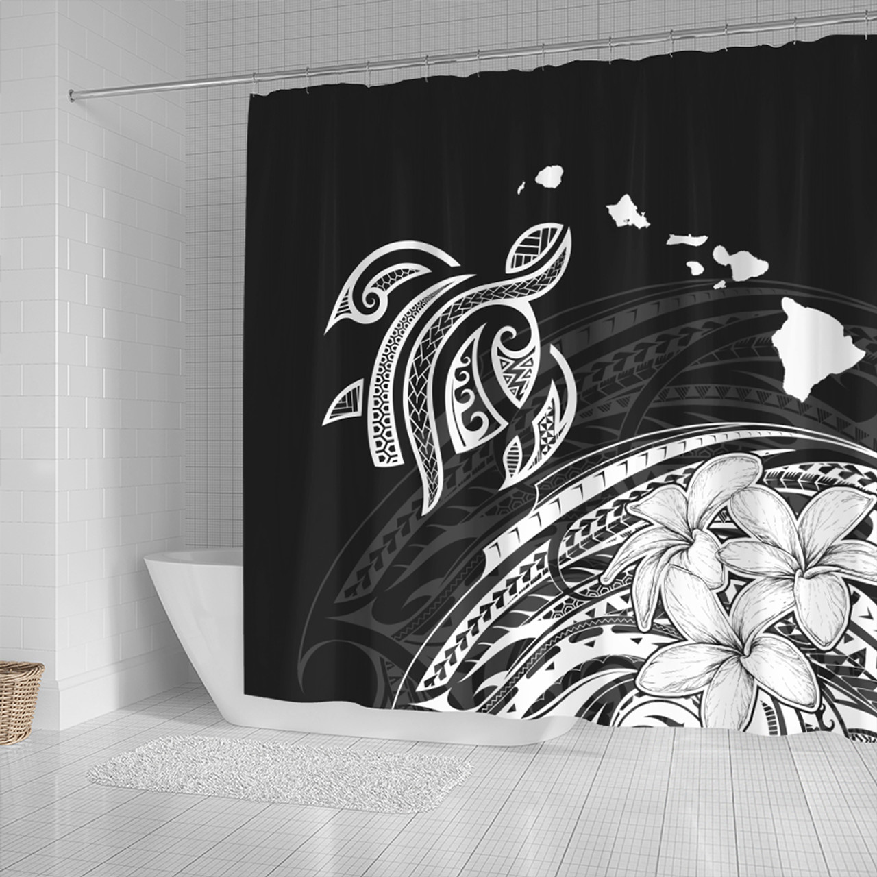 Hawaii Shower Curtain Turtle Polynesian Map Plumeria White