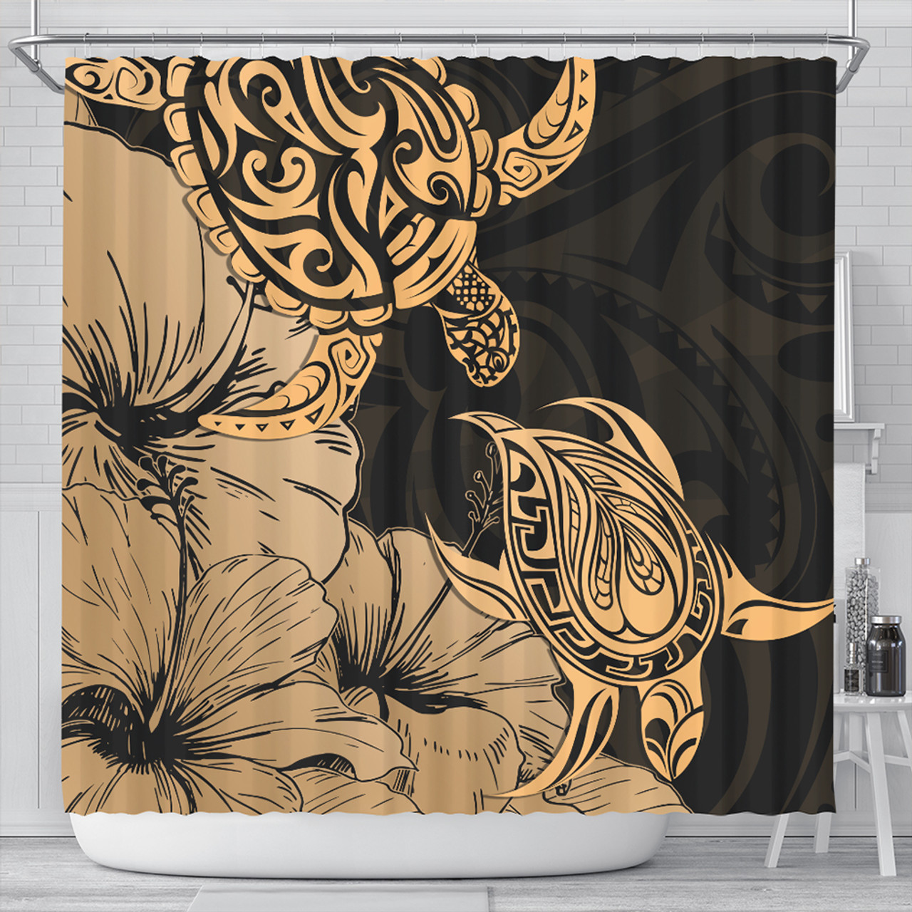 Hawaii Turtle Shower Curtain Polynesian Hibiscus Art Gold