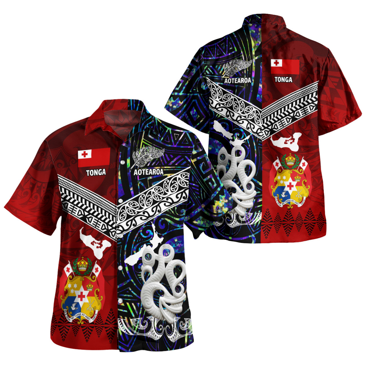 Tonga Polynesian Hawaiian Shirt - Tonga And Aotearoa Polynesian Coat Of Arms