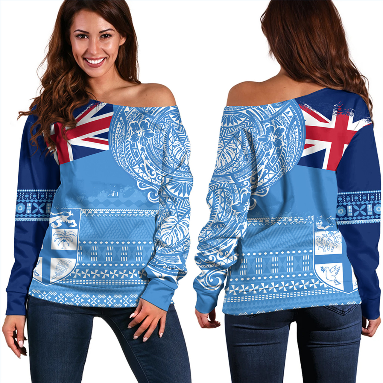 Fiji Off Shoulder Sweatshirt Polynesian Flag With Coat Of Arms