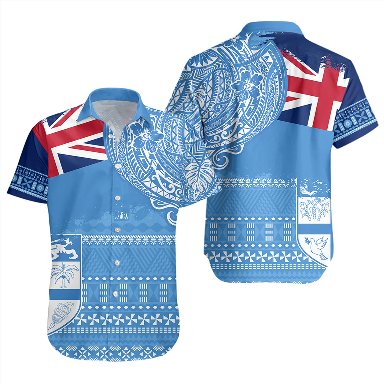 Fiji Short Sleeve Shirt Polynesian Flag With Coat Of Arms