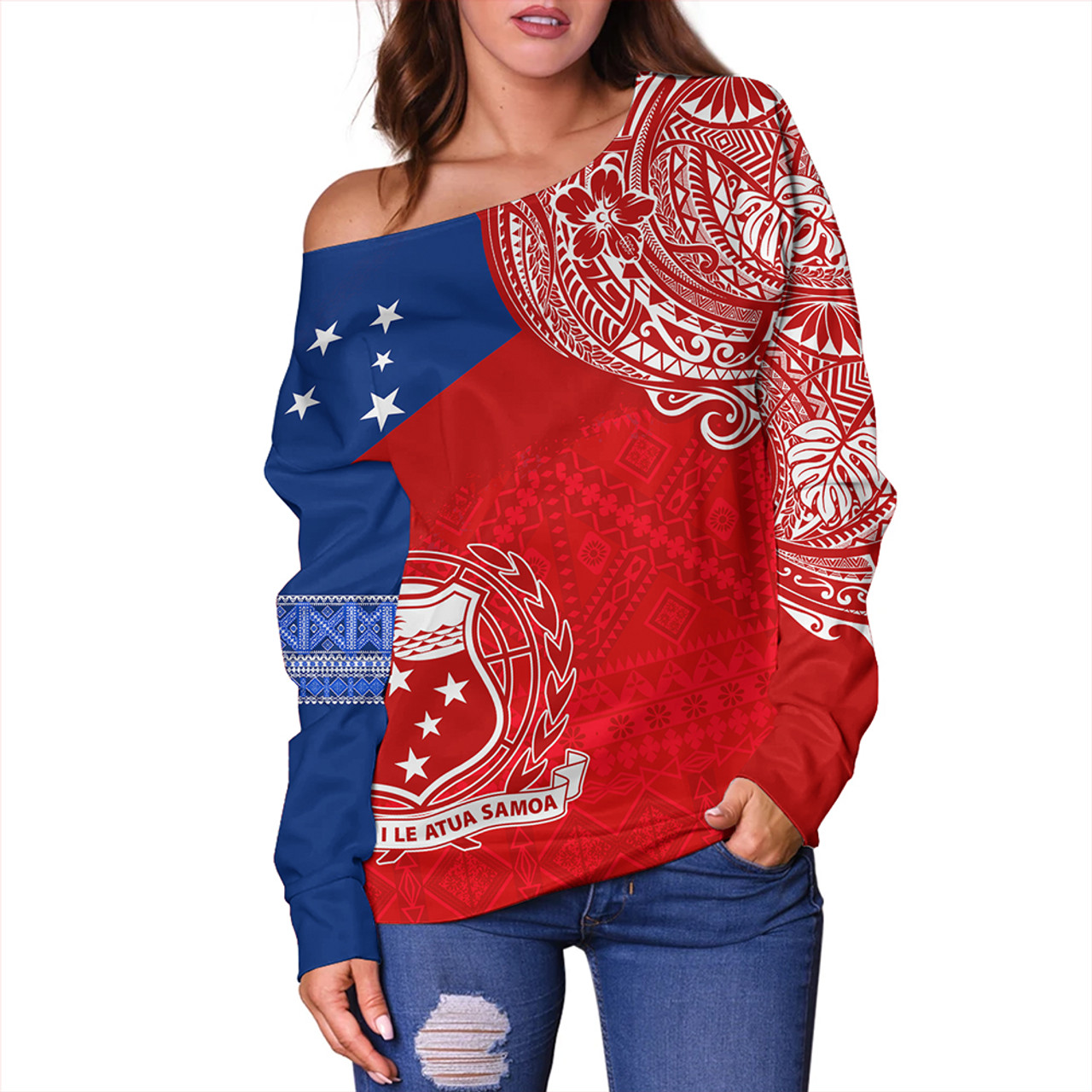 Samoa Off Shoulder Sweatshirt Polynesian Flag With Coat Of Arms