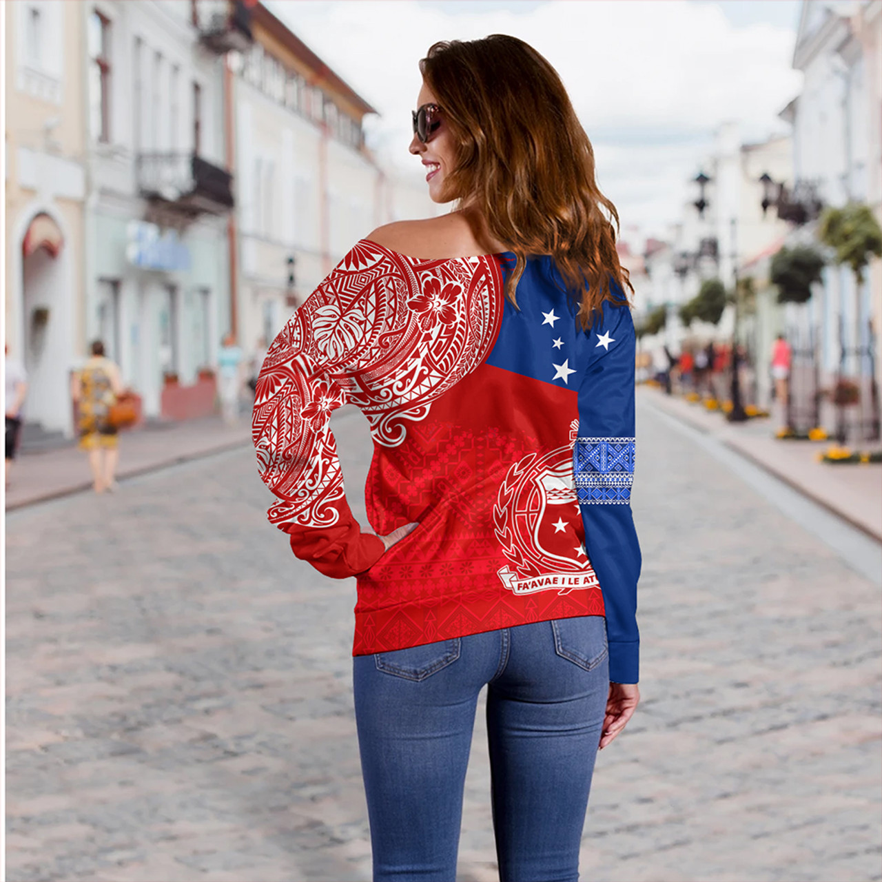 Samoa Off Shoulder Sweatshirt Polynesian Flag With Coat Of Arms