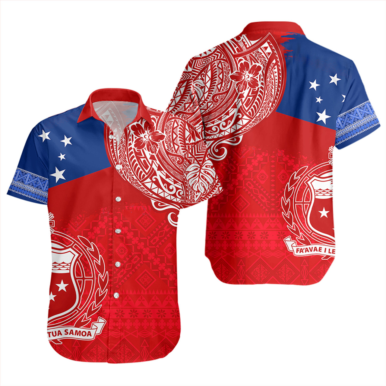 Samoa Short Sleeve Shirt Polynesian Flag With Coat Of Arms