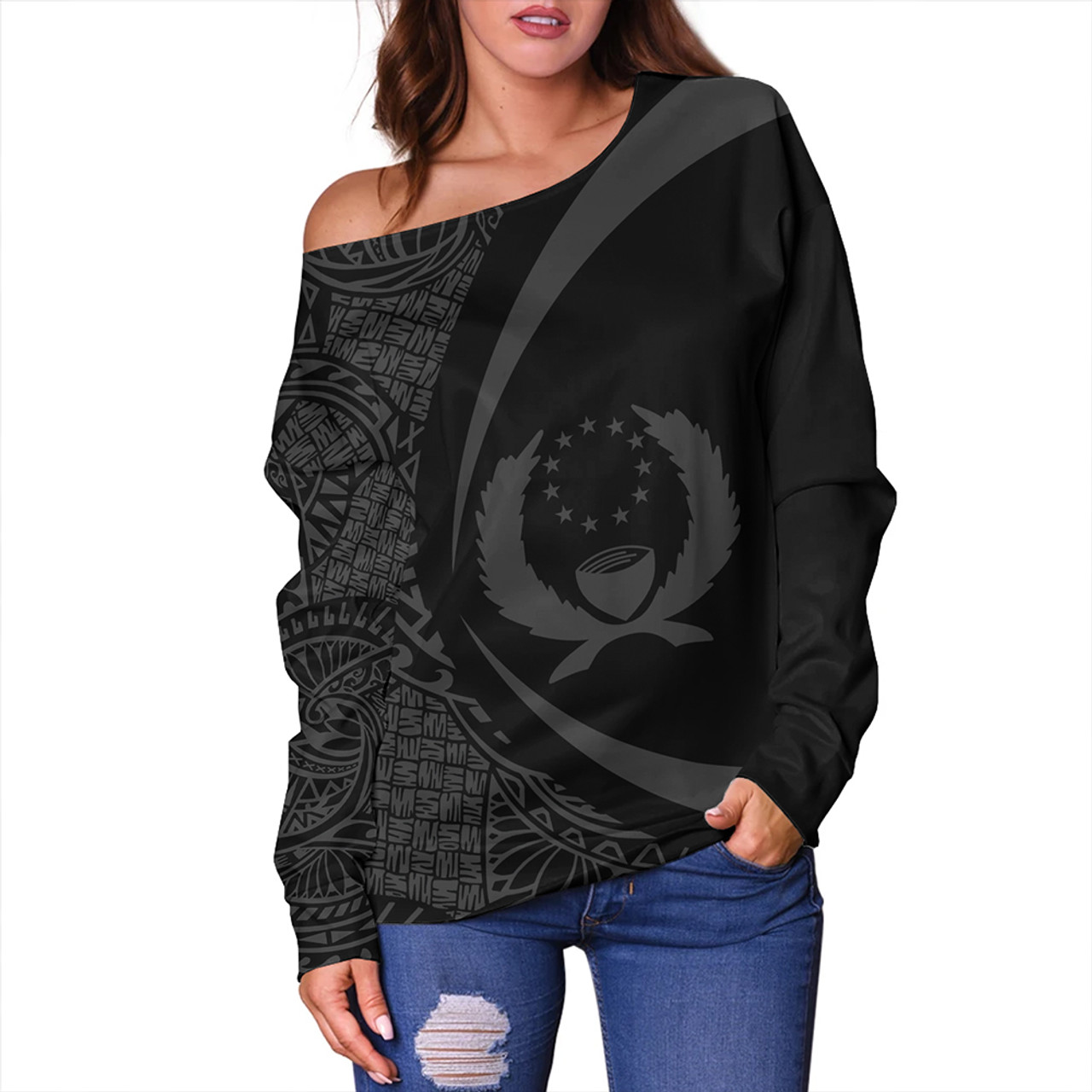 Pohnpei Off Shoulder Sweatshirt Coat Of Arm Lauhala Gray Circle