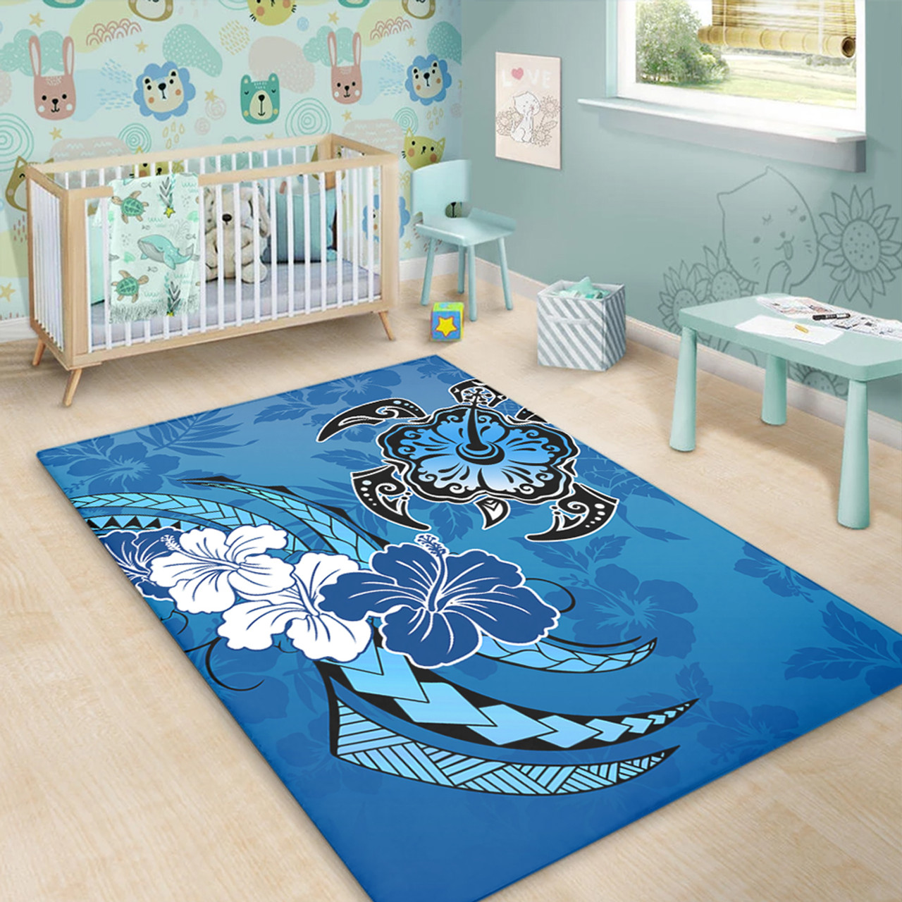 Hawaii Area Rug Hibiscus Flower And Sea Turtle Polynesian