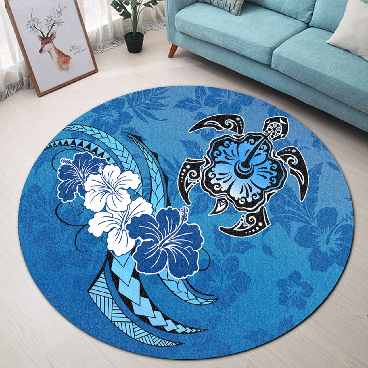 Hawaii Round Rug Hibiscus Flower And Sea Turtle Polynesian