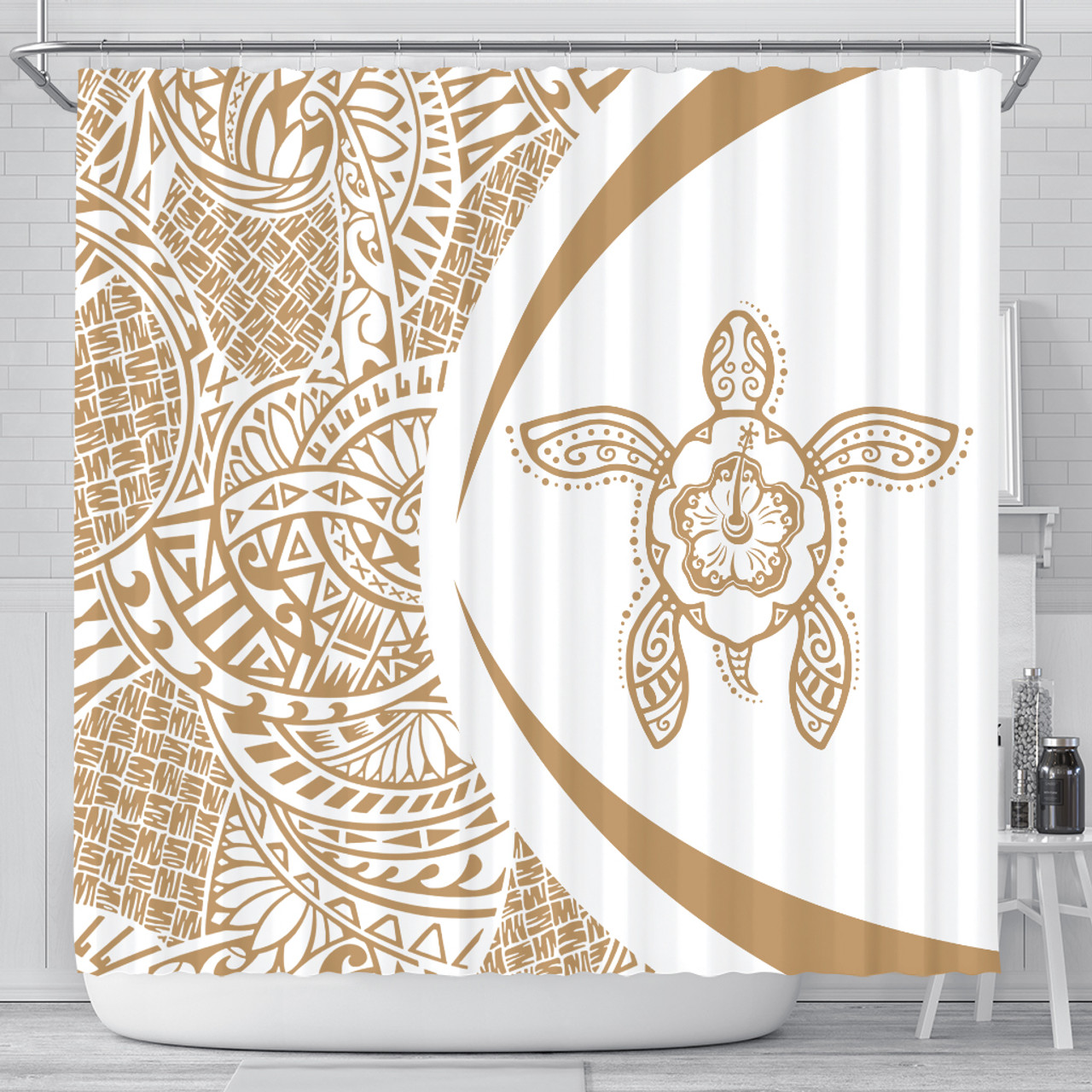 Hawaii Shower Curtain Turtle Hibiscus Lauhala White Gold Circle