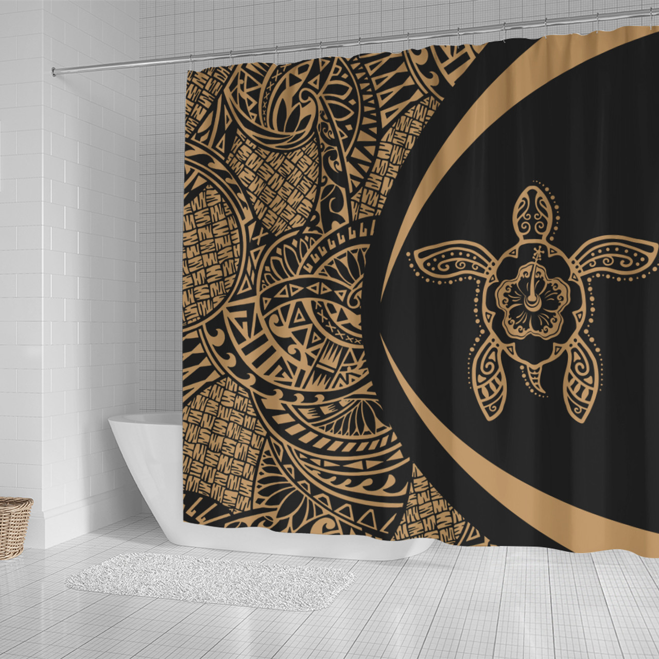 Hawaii Shower Curtain Turtle Hibiscus Lauhala Black Gold Circle