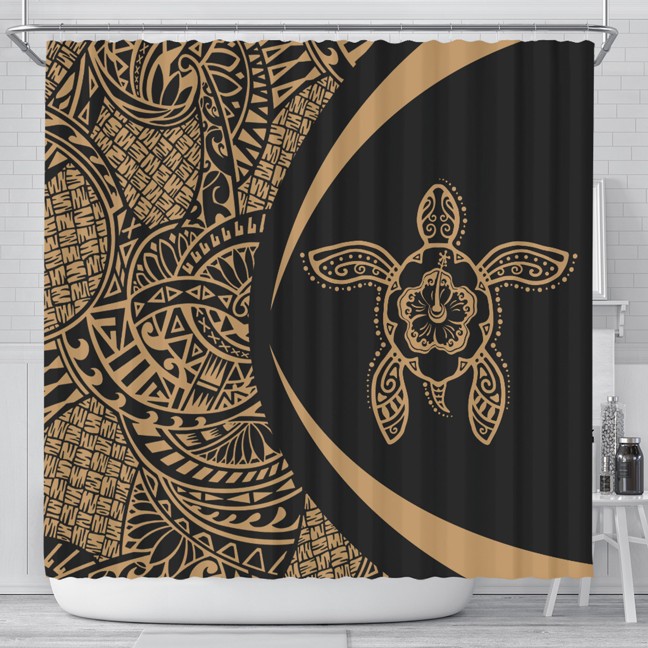 Hawaii Shower Curtain Turtle Hibiscus Lauhala Black Gold Circle