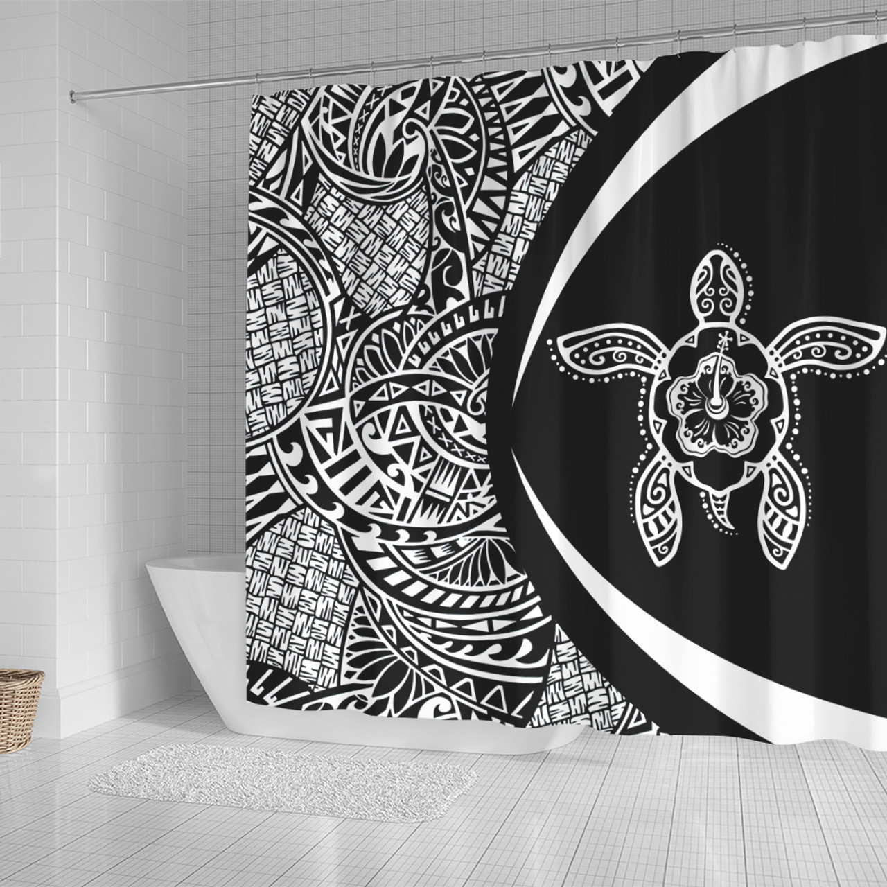 Hawaii Shower Curtain Turtle Hibiscus Lauhala Black White Circle