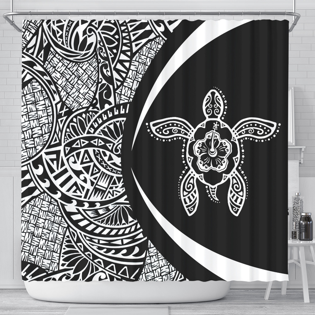 Hawaii Shower Curtain Turtle Hibiscus Lauhala Black White Circle
