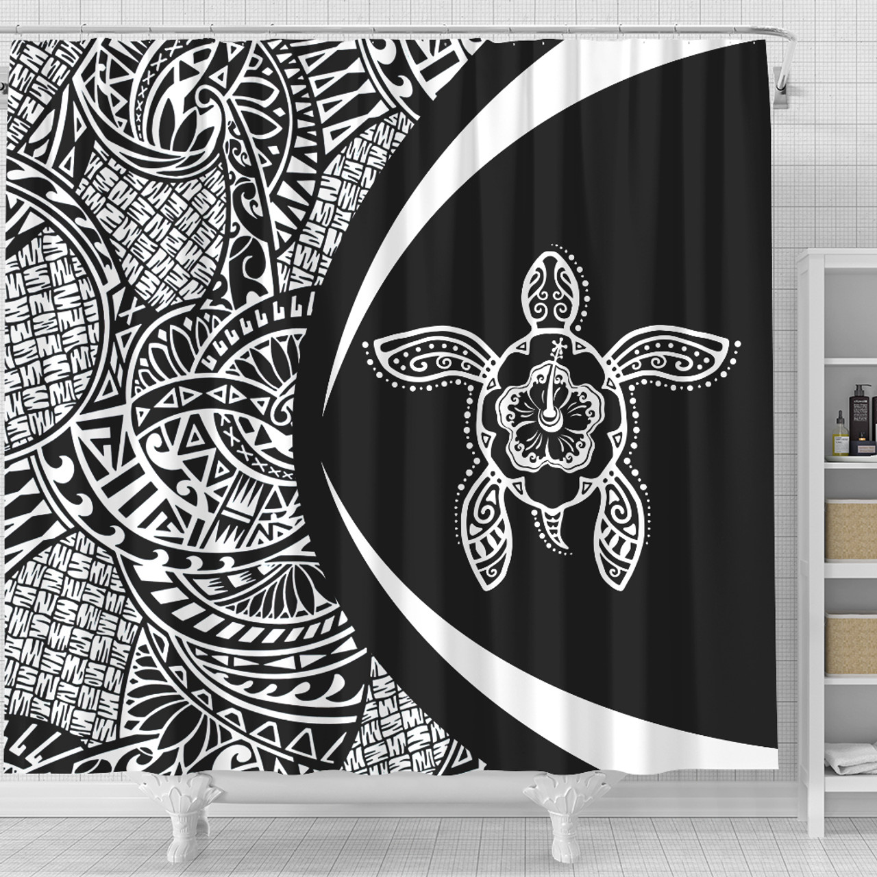 Hawaii Shower Curtain Turtle Hibiscus Lauhala Black White Circle