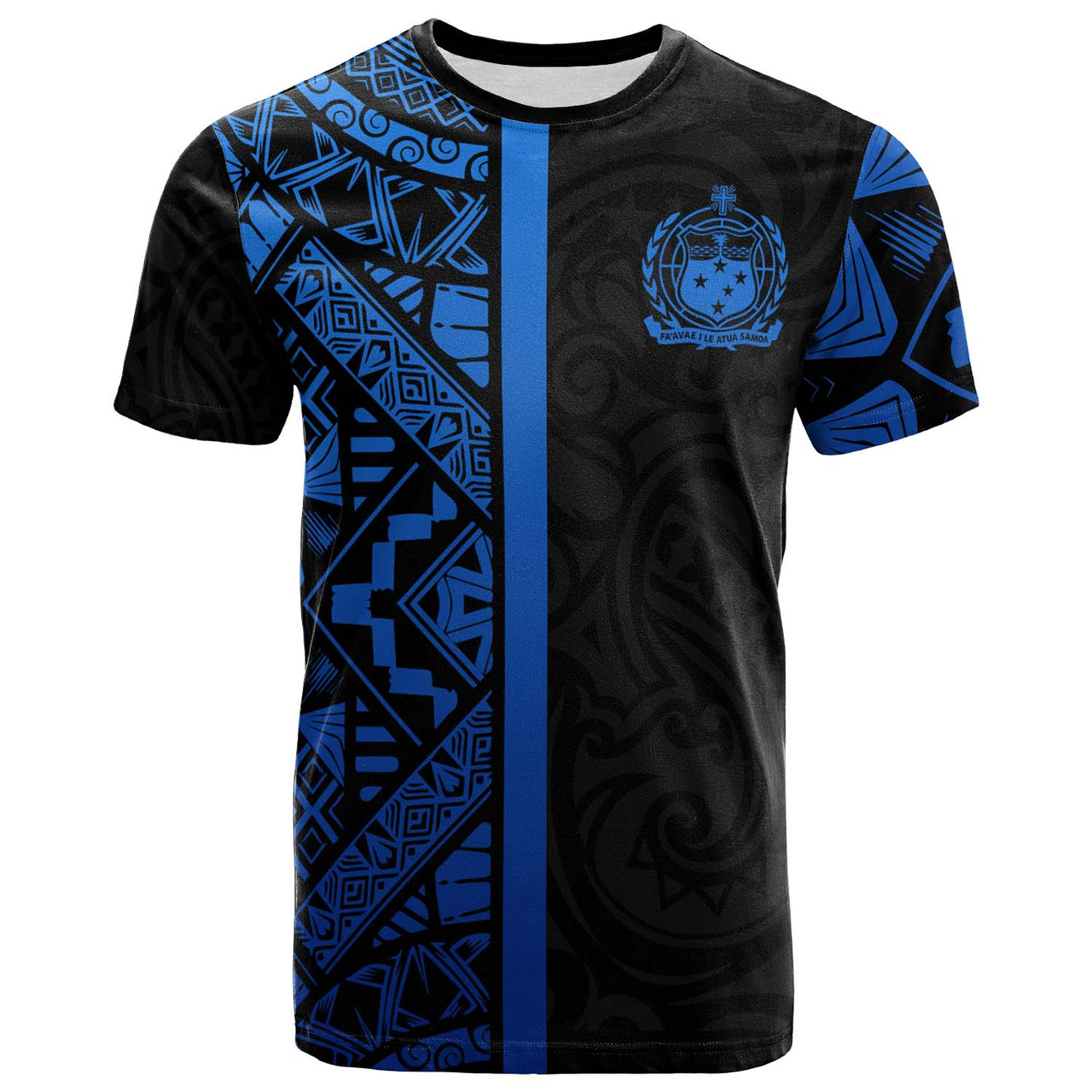 Samoa T-Shirt - Samoa Coat Of Arms With Polynesian Tribal Pattern Blue