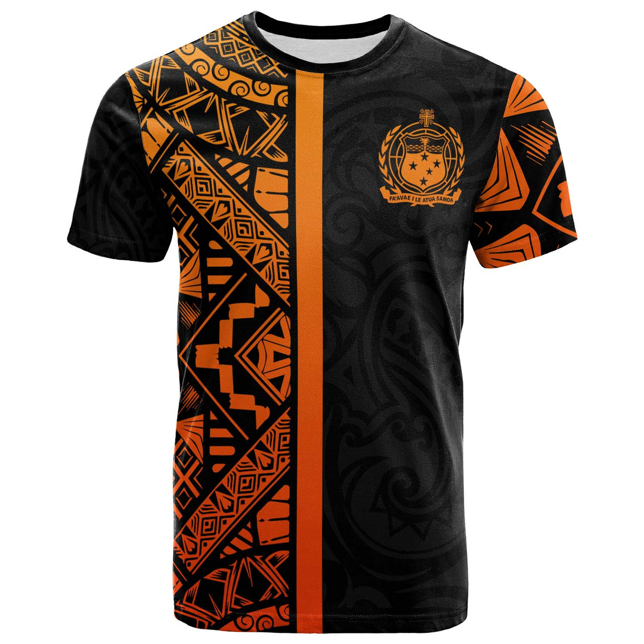 Samoa T-Shirt - Samoa Coat Of Arms With Polynesian Tribal Pattern Orange