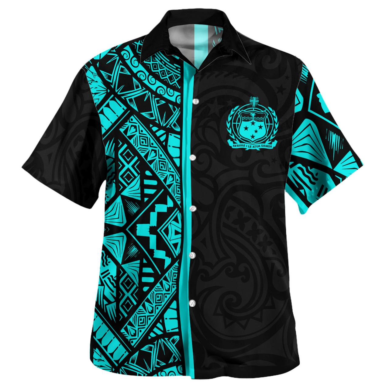 Samoa Hawaiian Shirt - Samoa Coat Of Arms With Polynesian Tribal Pattern Turquoise