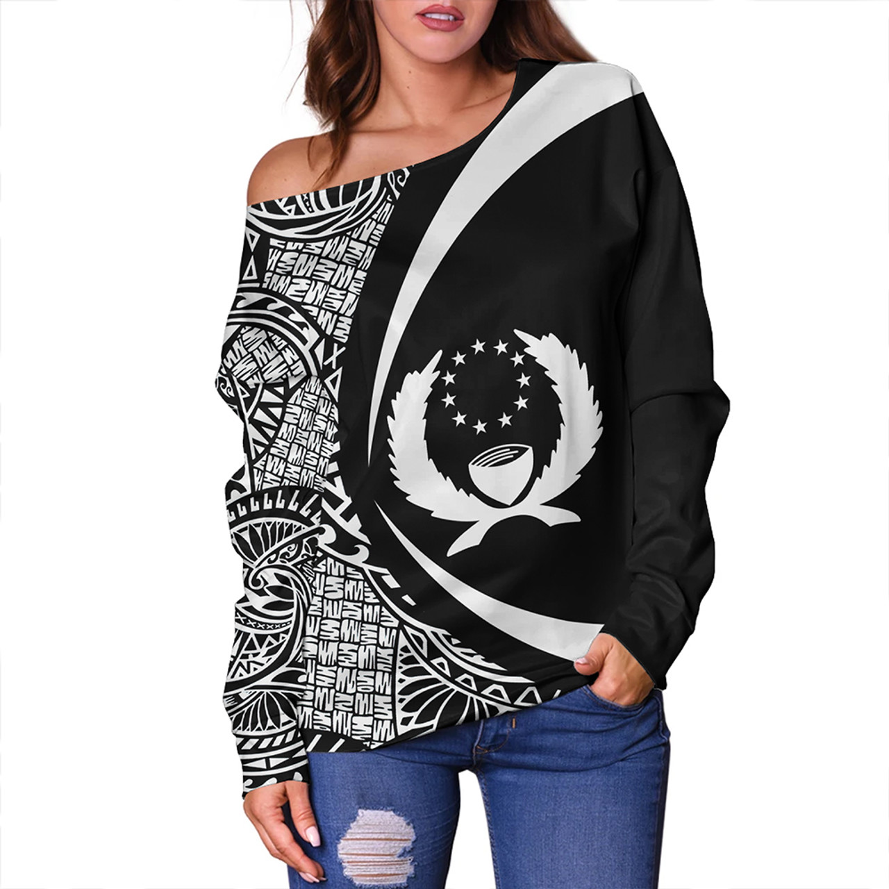 Pohnpei Off Shoulder Sweatshirt Coat Of Arm Lauhala White Circle