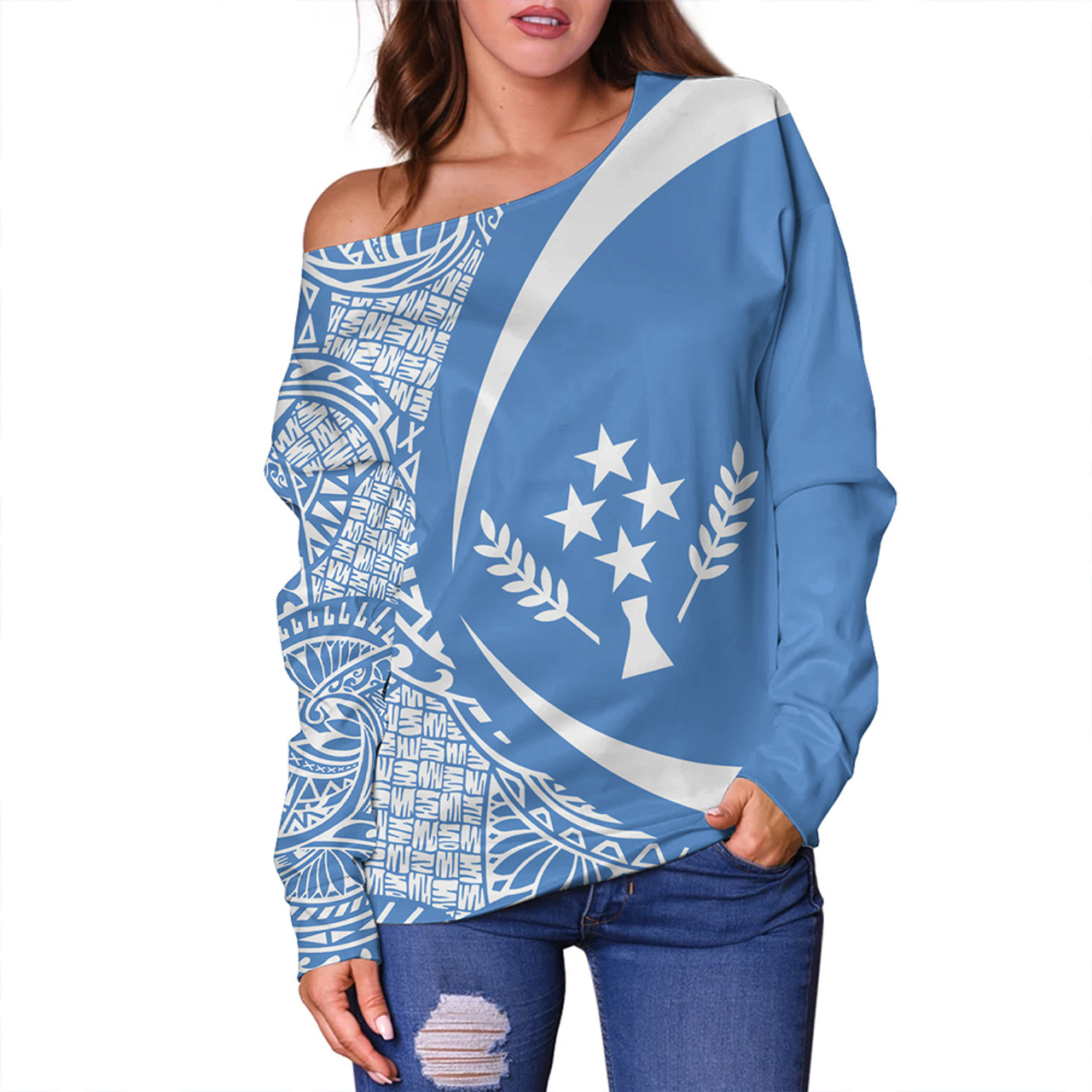 Kosrae Off Shoulder Sweatshirt Coat Of Arm Lauhala Circle