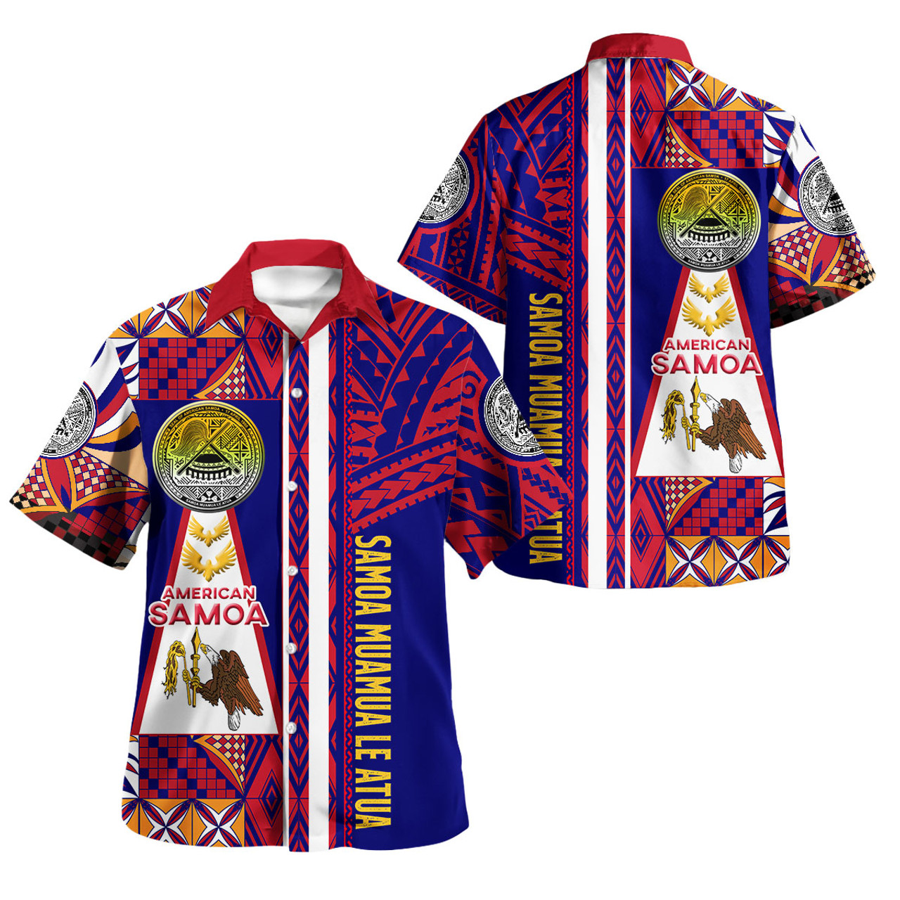 American Samoa Polynesian Hawaiian Shirt - Custom Samoa Muamua Le Atua With Seal And Mamanu Siapo Patterns