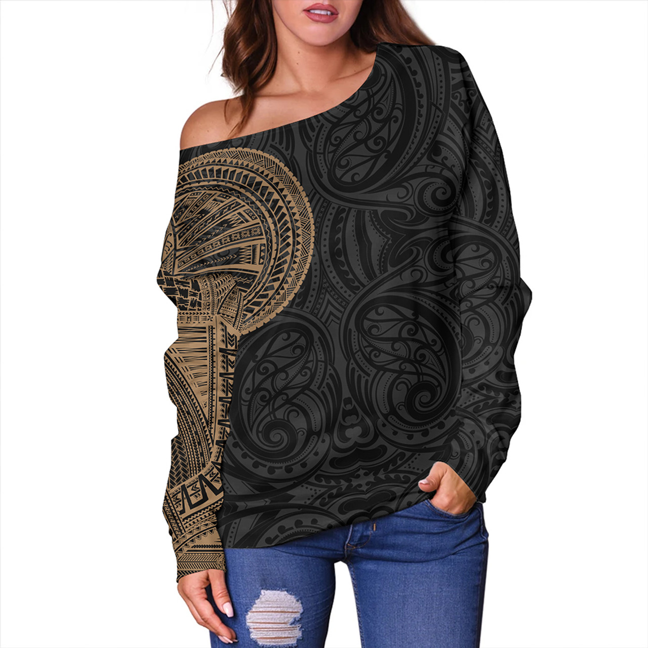 Samoa Tribal Maori Tattoo Roman Reigns Off Shoulder Sweatshirt Gold