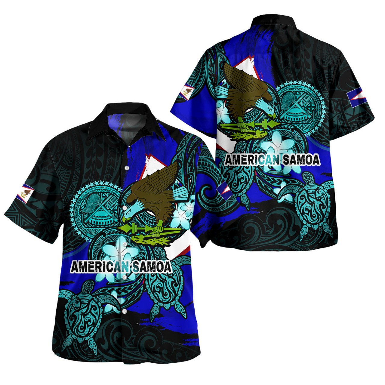 American Samoa Short Sleeve Shirt - Custom American Samoa Pride Bald Eagle And Turtles Polynesian Patterns