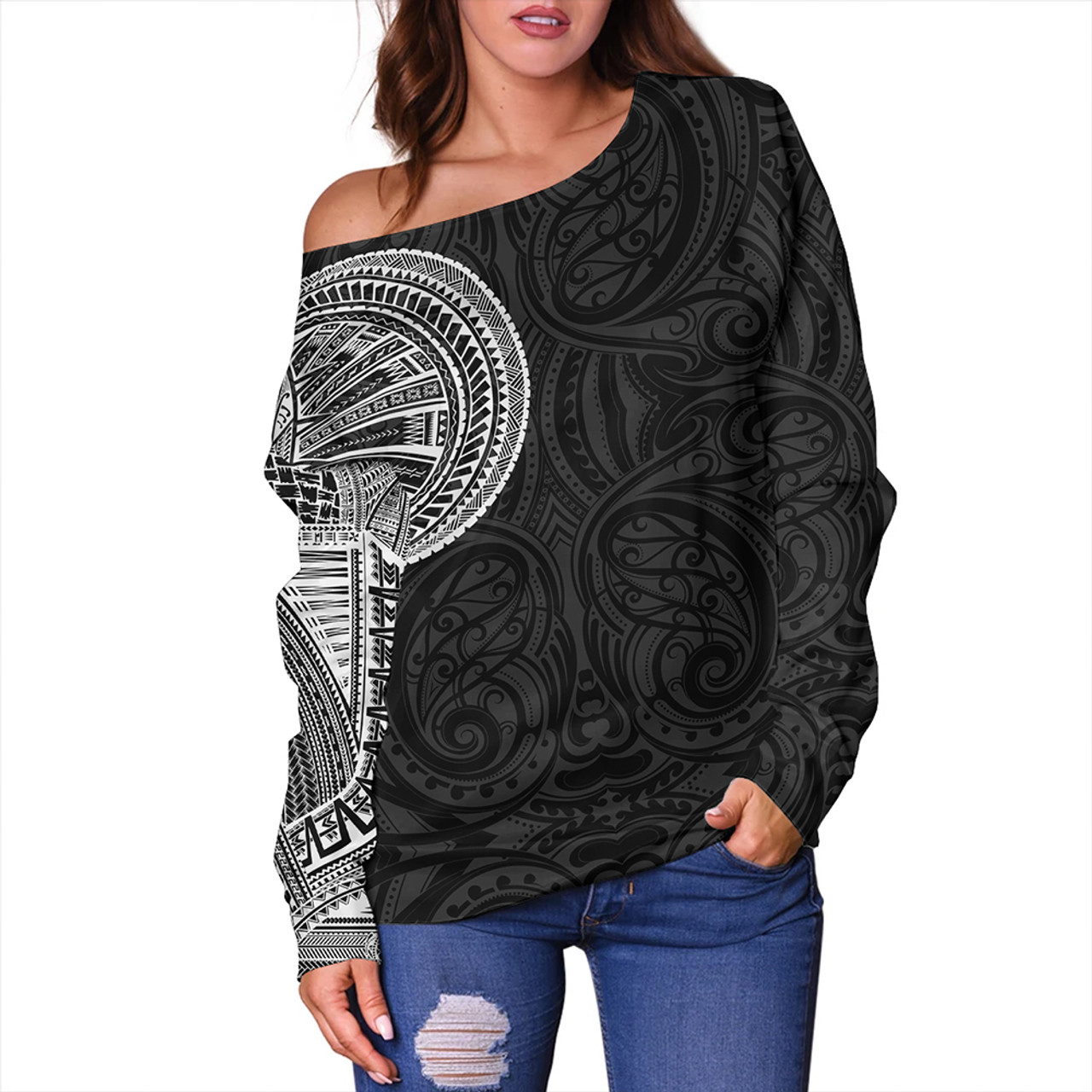 Samoa Tribal Maori Tattoo Roman Reigns Off Shoulder Sweatshirt White