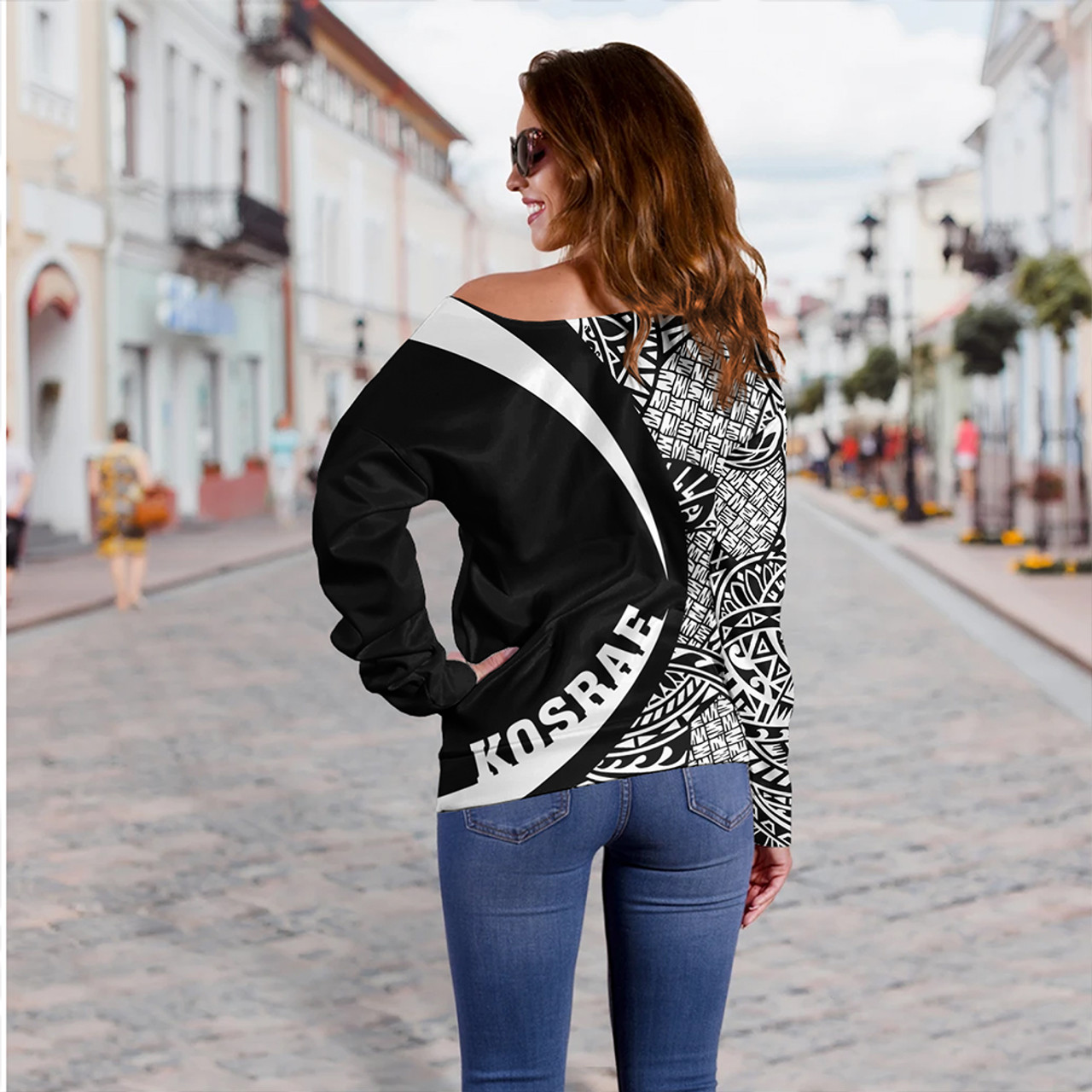 Kosrae Off Shoulder Sweatshirt Coat Of Arm Lauhala White Circle