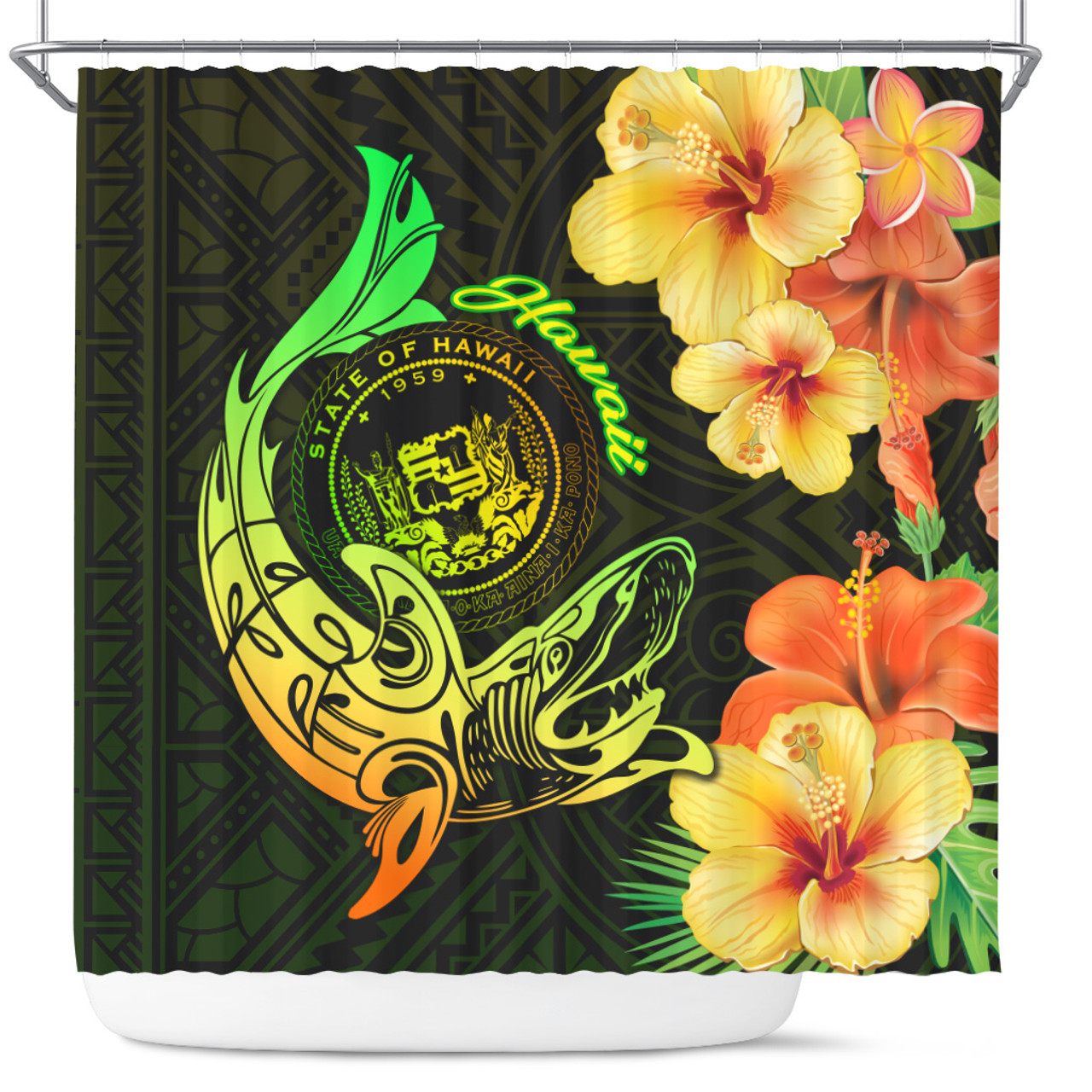 Hawaii Polynesian Shower Curtain - Hawaii Sharks Tribal Patterns Green