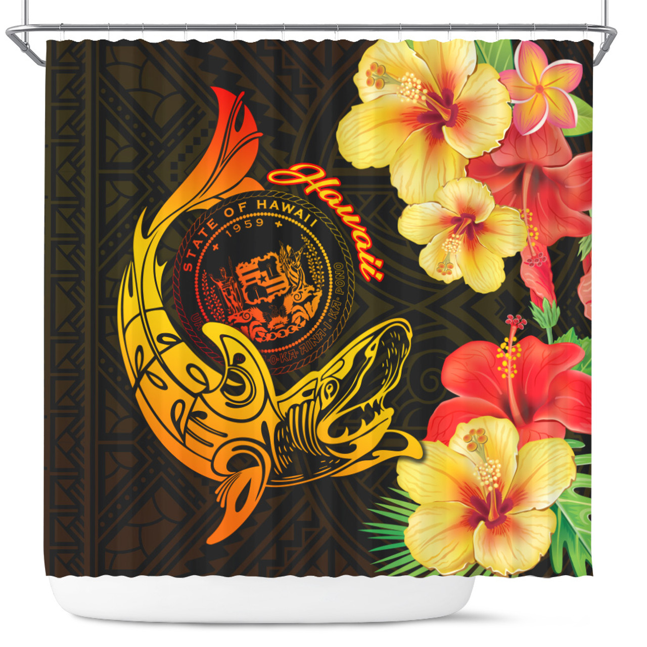 Hawaii Polynesian Shower Curtain - Hawaii Sharks Tribal Patterns Orange