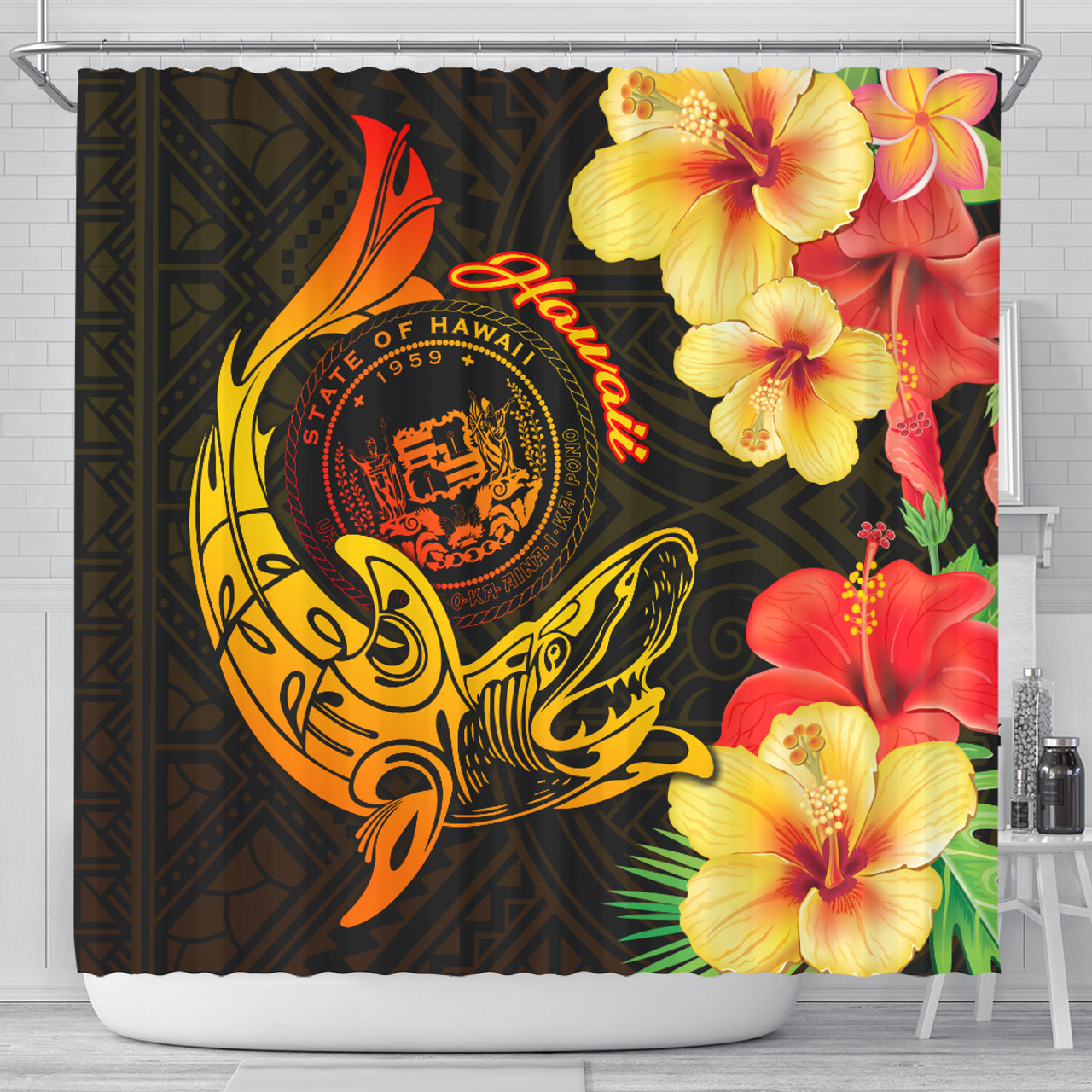 Hawaii Polynesian Shower Curtain - Hawaii Sharks Tribal Patterns Orange