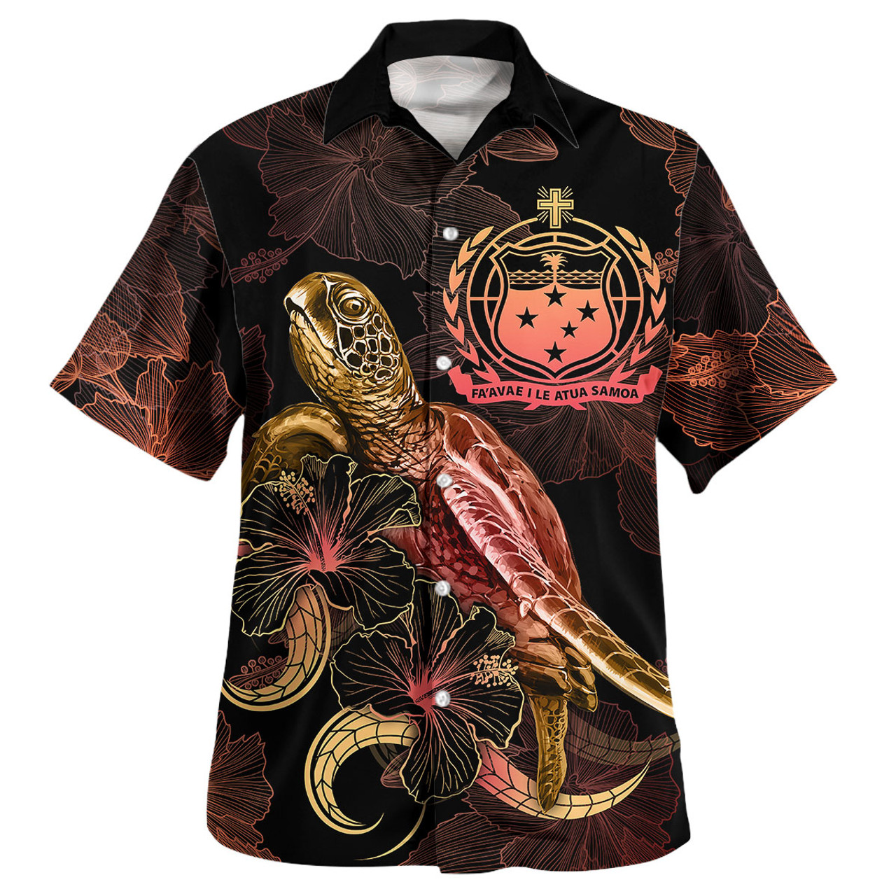 Samoa Hawaiian Shirt - Custom Samoa Coat Of Arms With Turtle Blooming Hibiscus Gold