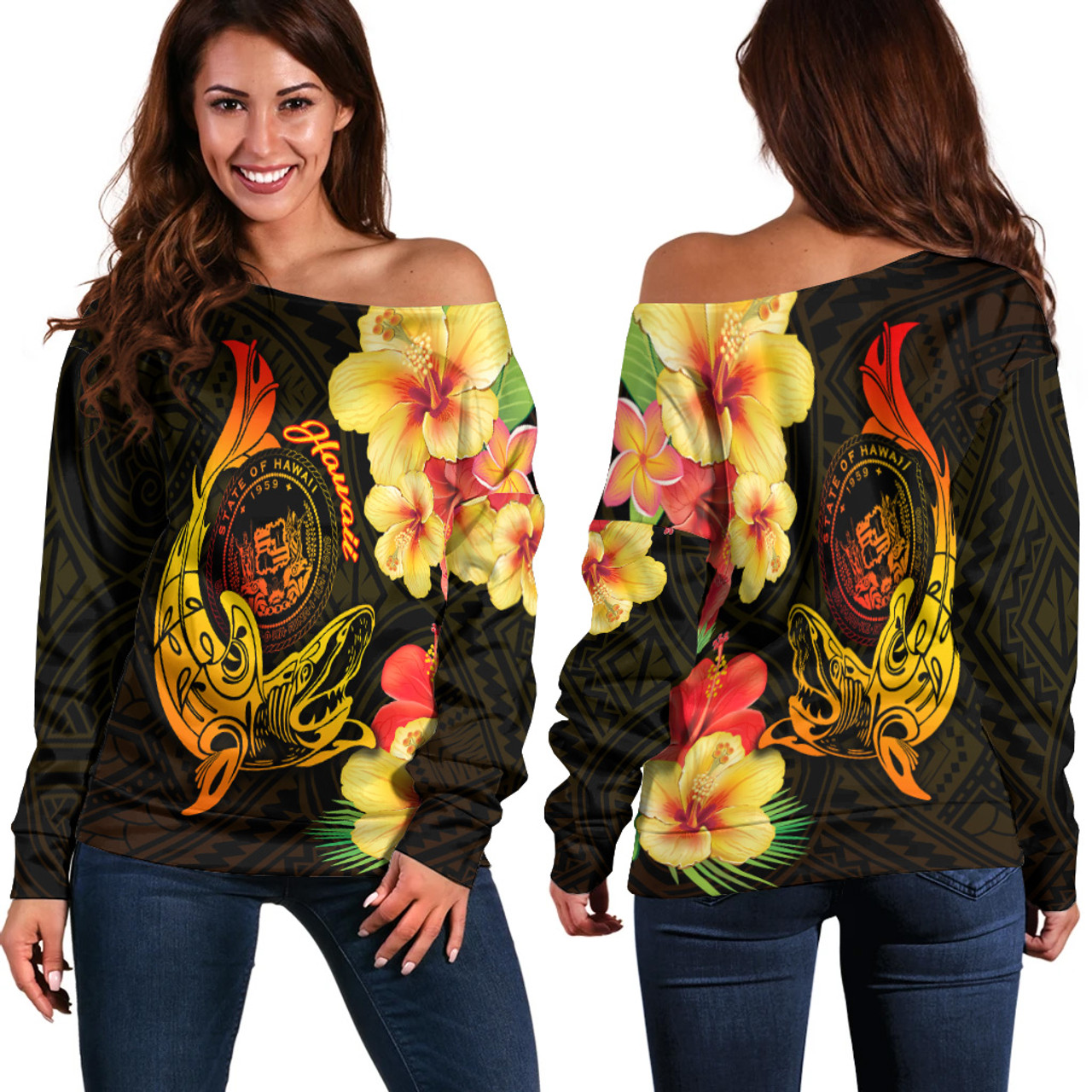 Hawaii Polynesian Women Off Shoulder Sweater - Hawaii Sharks Tribal Patterns Orange