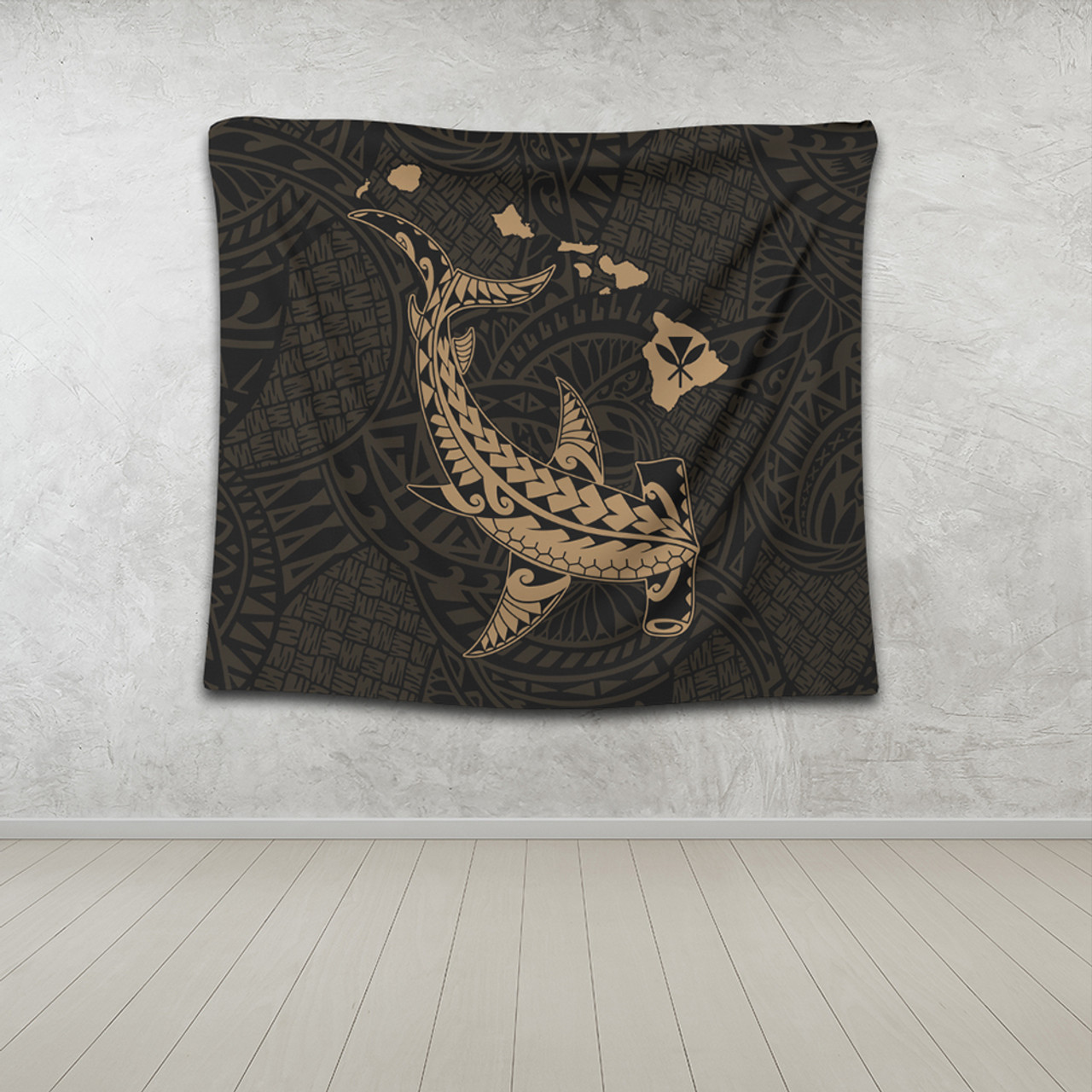 Hawaii Tapestry Hawaiian Native Map Hammerhead Shark Gold