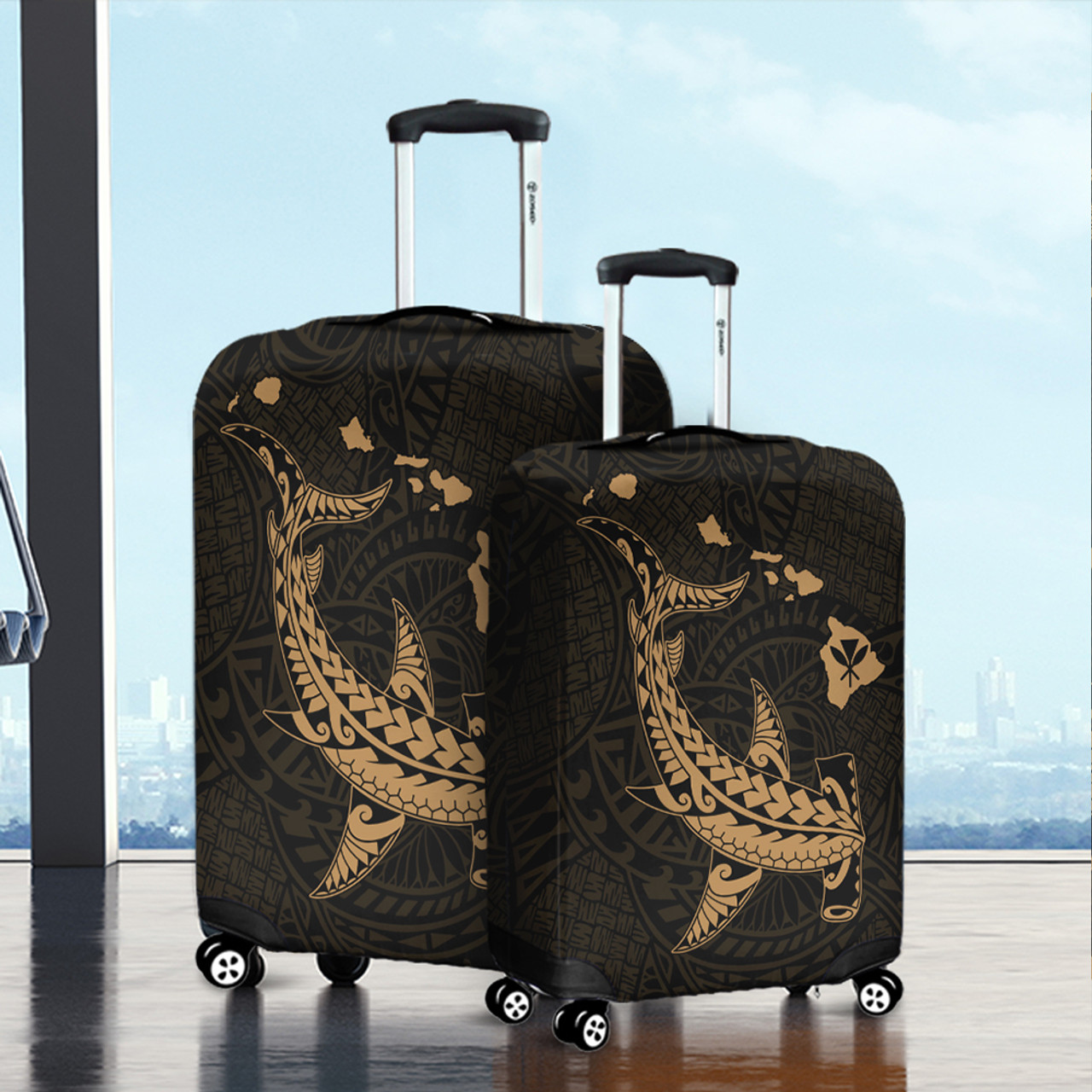 Hawaii Luggage Cover Hawaiian Native Map Hammerhead Shark Gold