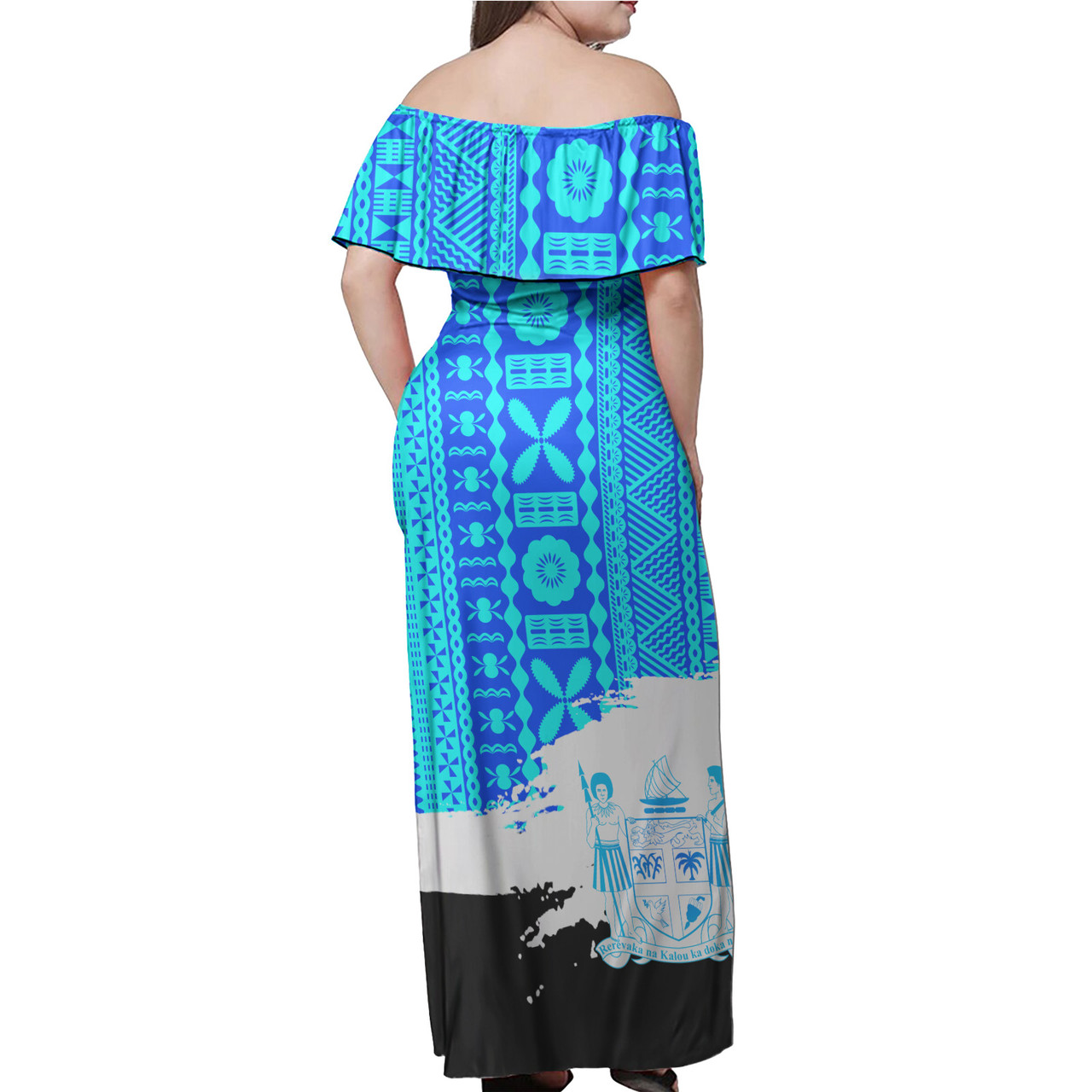 Fiji Polynesian Woman Off Shoulder Long Dress - Fiji Tapa Brush Tribal Patterns