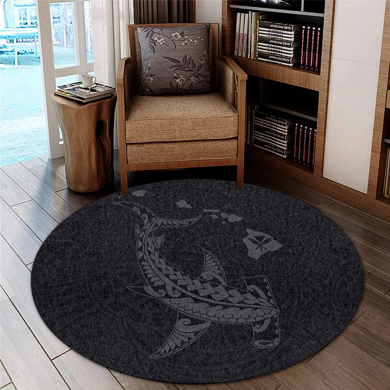 Hawaii Round Rug Hawaiian Native Map Hammerhead Shark Gray