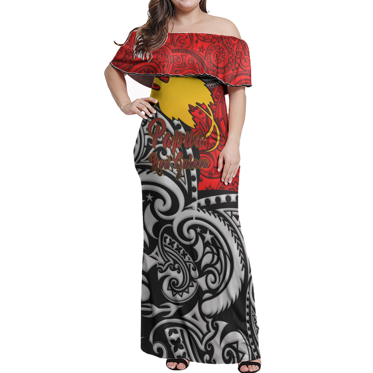 Papua New Guinea Woman Off Shoulder Long Dress - Emblem Of Papua New Guinea With Polynesian Patterns