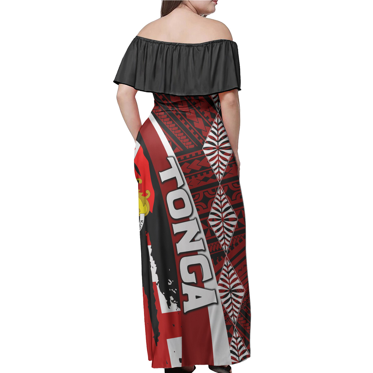 Tonga Woman Off Shoulder Long Dress - Coat Of Arms Tapa Tonga Patterns