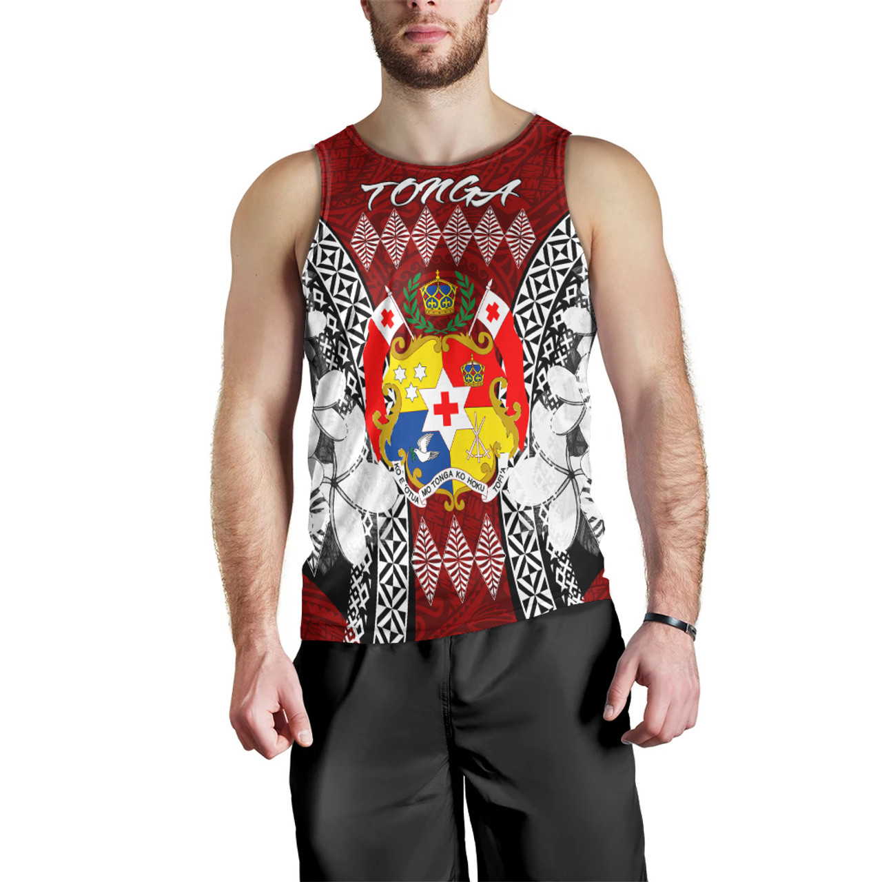 Tonga Men Tank Top - Pattern Inspired By Tonga And Polynesian With Coat Of Arms