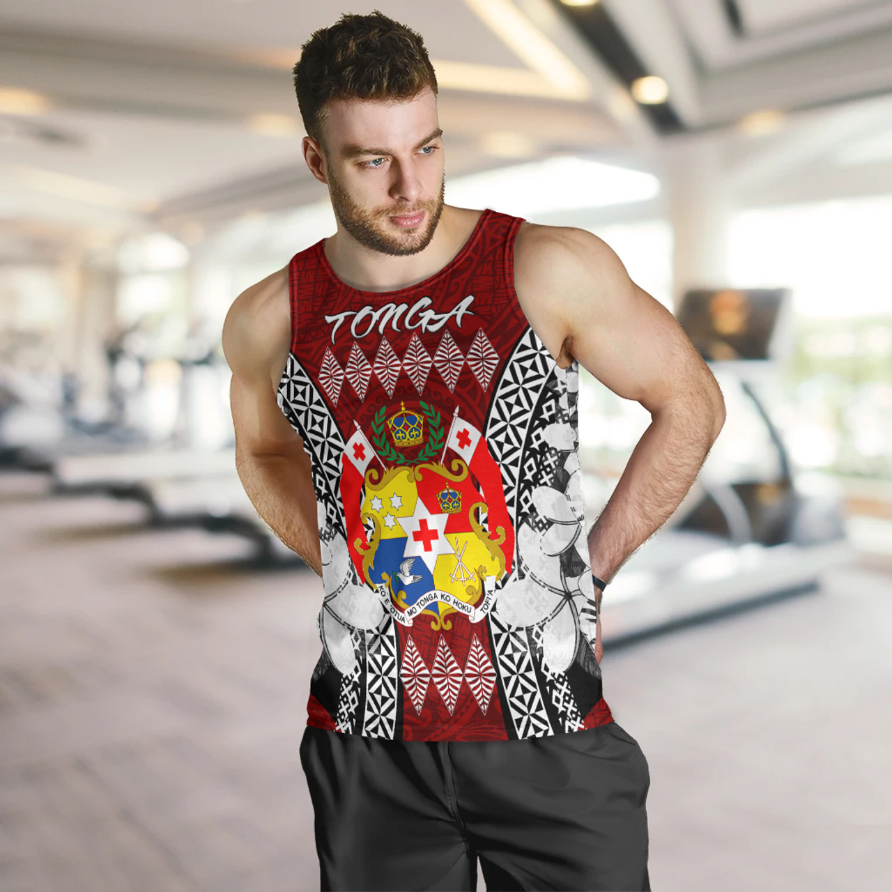 Tonga Men Tank Top - Pattern Inspired By Tonga And Polynesian With Coat Of Arms